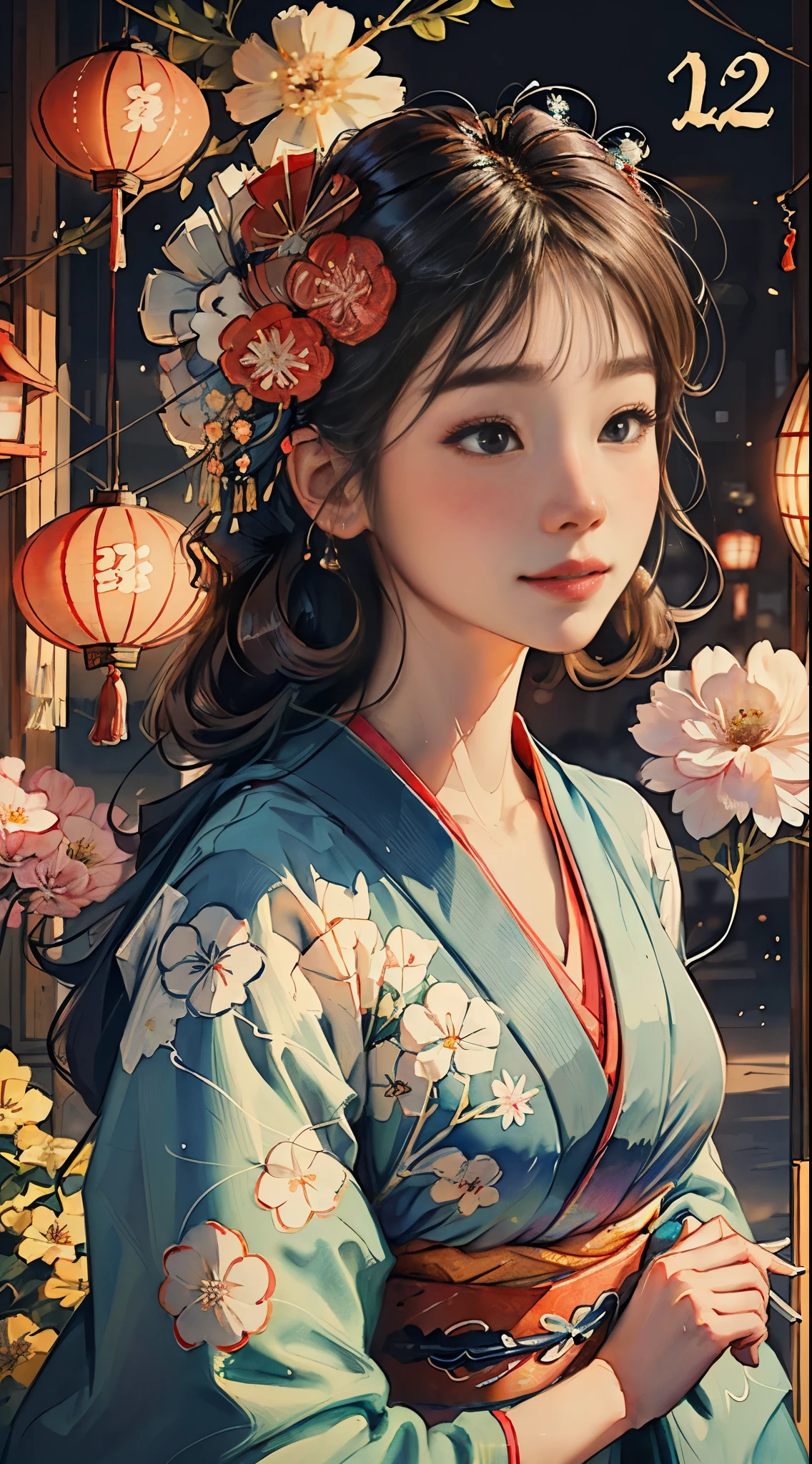 8K, top-quality, hight resolution, Bishoujo 1 25 years old, Flower steamed buns,A slight smil, (traditional Japanese kimono:1.3)、Luxury kimono、no wrinkles at all,watercolor paiting, (Flower hair ornament:1.3)