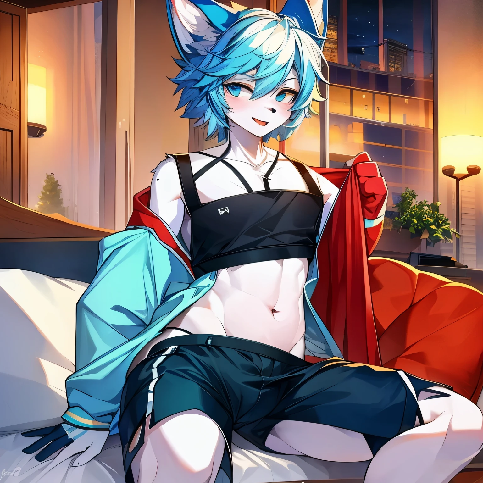 A boy，furry，youth，Blue and white hair，Blue crop top，Navel exposed black shorts，black stockings，sexy