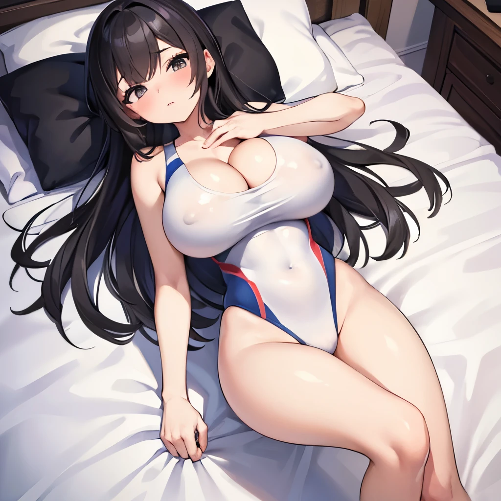 masterpiece, best quality,4k,full body image, ((competition swimsuit)),(High leg), 1girl,20 years old,black hair,black eyes, ((big breasts:1.4)),cleavage, on the bed,(On your back),((breast hold)),