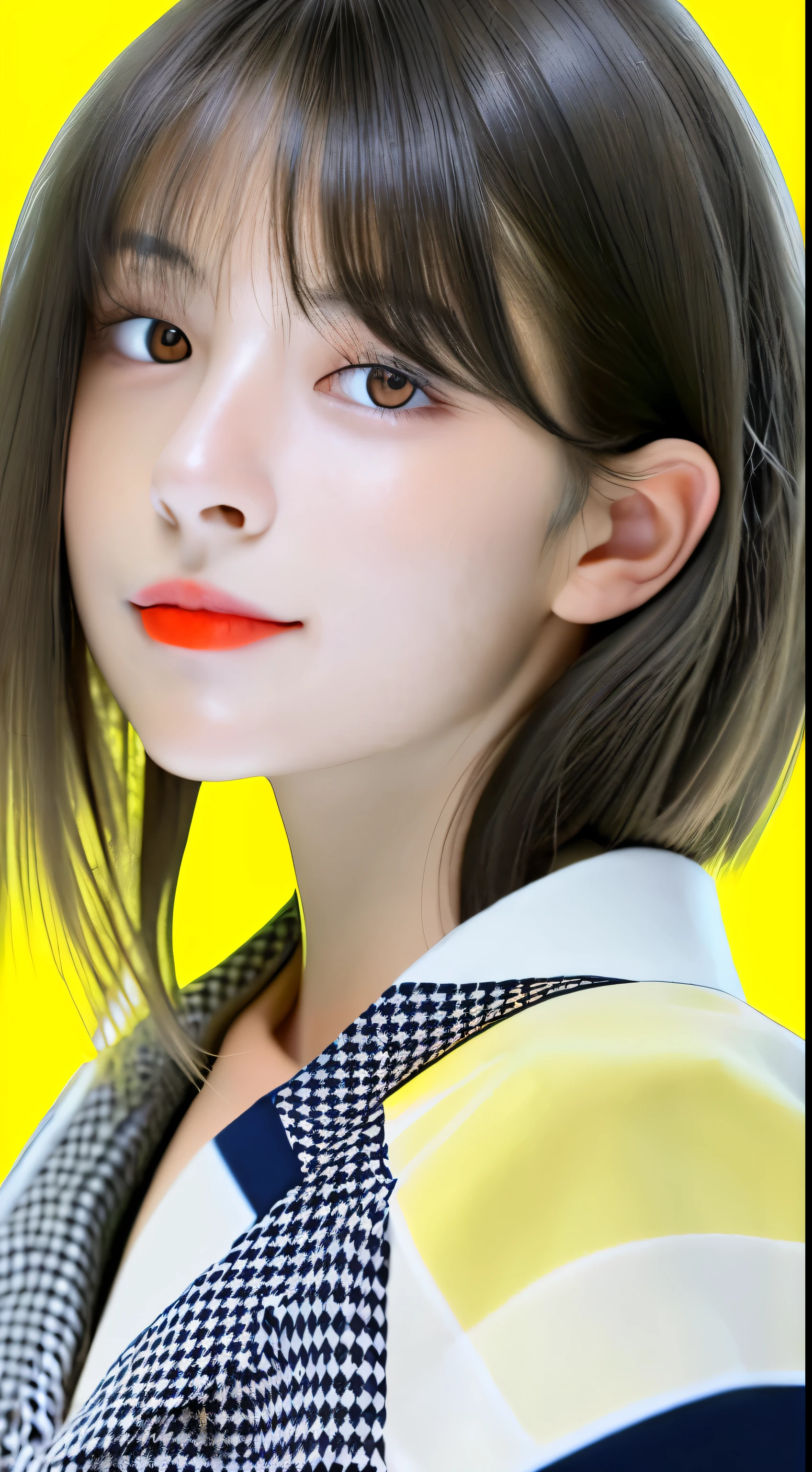 Beautiful Japan woman, nice perfect face with soft skin, small face with nose and rose-like lips, beautiful eyes, beautiful smile. Black, thin and long beautiful hair bathed in a bright etheric shine. Gradient highlight greige layer loose fluffy medium hairstyle, navy band collar shirt× houndstooth yellow flared skirt, bright neon colorful background, super realistic woman photo, high quality High Resolution 8K masterpiece