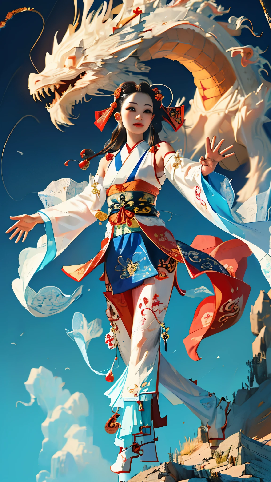 Official Art, Unified 8K Wallpapers, Ultra Detailed, Beautiful and Aesthetic, Masterpiece, Best Quality, (Zentangle, Tangle, Entangle), (fractal art: 1.4), (character center: 1.2), 1girl, black hair, Chinese, bare shoulders, short skirt, calf, navel, very detailed, dynamic angle, cowboyshot, (most beautiful form of chaos), ethereal, (bright colors), oc, (half: 1.2), china, (thangka flying sky: 1.5), (ribbon: 1.3), (dream: 1.5), (hanfu: 1.5), Chinese dragon, (smile: 0.5), (Chinese deity),