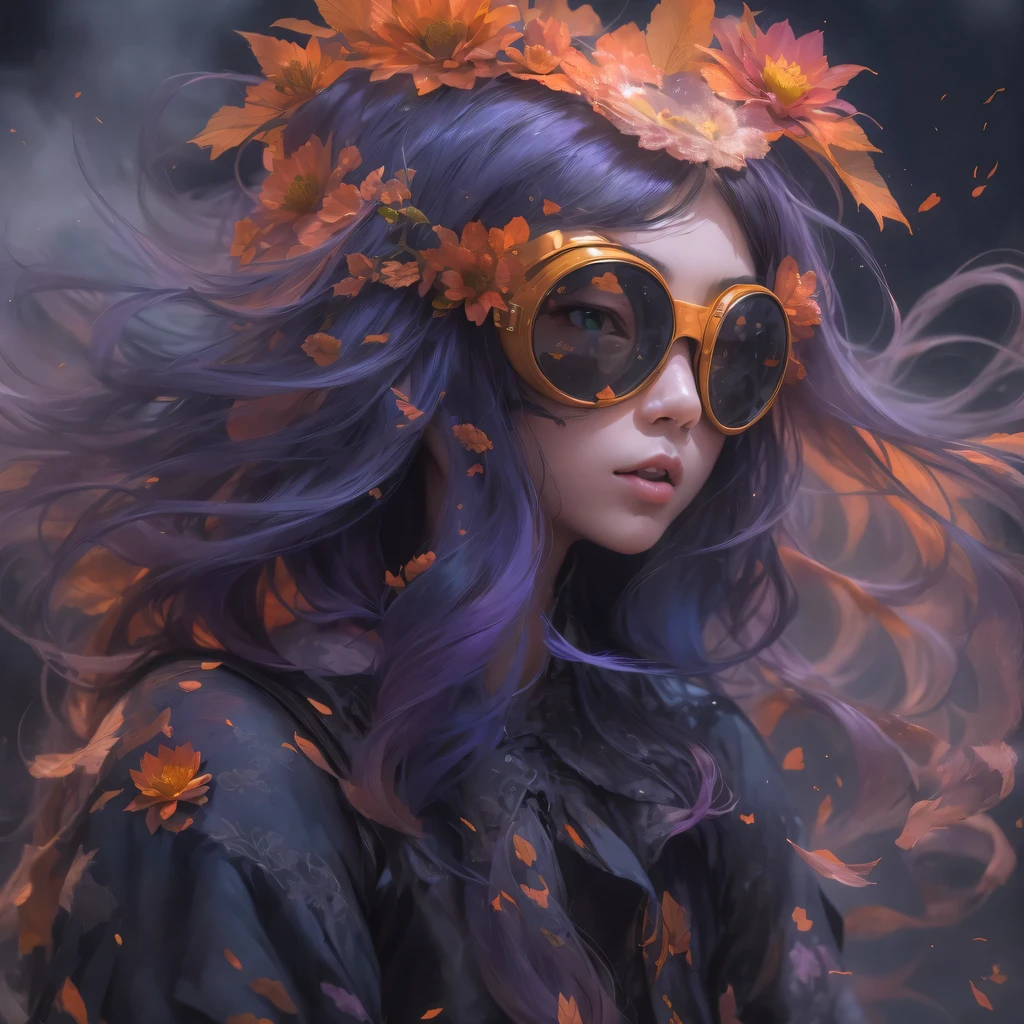 2679 Cyberpunk Year(masterpiece,HD,超HD,32k lotus root starch)Bright purple flowing hair,autumn pond, lotus root starch color, Asian (Michiko), (silk scarf), fighting stance, looking at the colorful balloons, Orange gradient long hair, ((Thick frame reflective jade windproof goggles))Floating bright purple, Fire cloud gold headdress, Chinese long-sleeved gold silk garment, (Abstract ink splash:1.2),mars background,lotus(realistically:1.4),bright purple hair,Smoke on the road,The background is very ivory、pure, high resolution, Detailed wind protection goggles, RAW photos lotus root starch, Sharp Re, Nikon D850 film photo by Jefferies Lee 4 Kodak Portra 400 camera F1.6 guns, rich and colorful, Super real、Vivid texture, dramatic lighting, Unreal Engine Art Station Trend, Silicon Nest 800