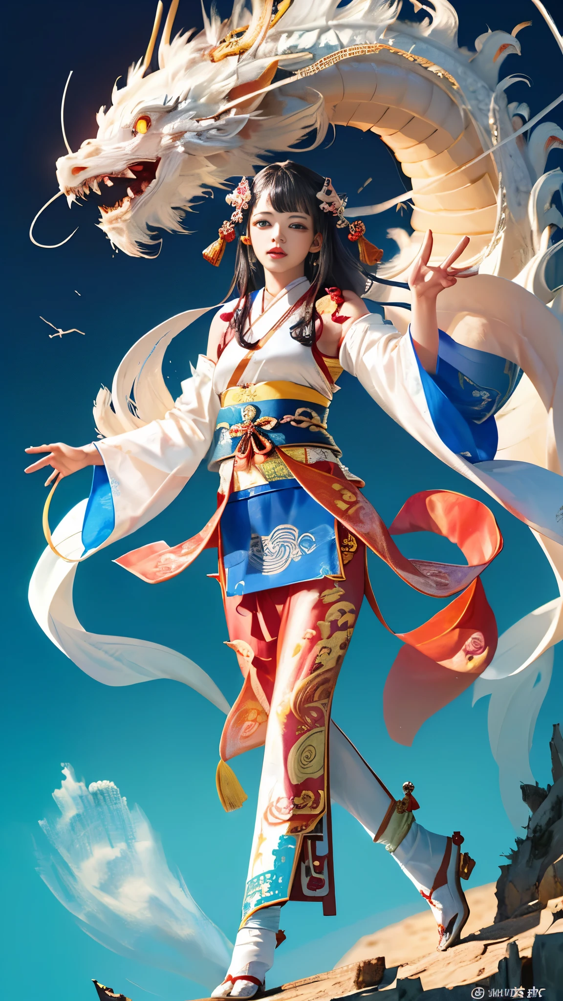 Official Art, Unified 8K Wallpapers, Ultra Detailed, Beautiful and Aesthetic, Masterpiece, Best Quality, (Zentangle, Tangle, Entangle), (fractal art: 1.4), (character center: 1.2), 1girl, black hair, Chinese, bare shoulders, short skirt, calf, navel, very detailed, dynamic angle, cowboyshot, (most beautiful form of chaos), ethereal, (bright colors), oc, (half: 1.2), china, (thangka flying sky: 1.5), (ribbon: 1.3), (dream: 1.5), (hanfu: 1.5), Chinese dragon, (smile: 0.5), (Chinese deity),