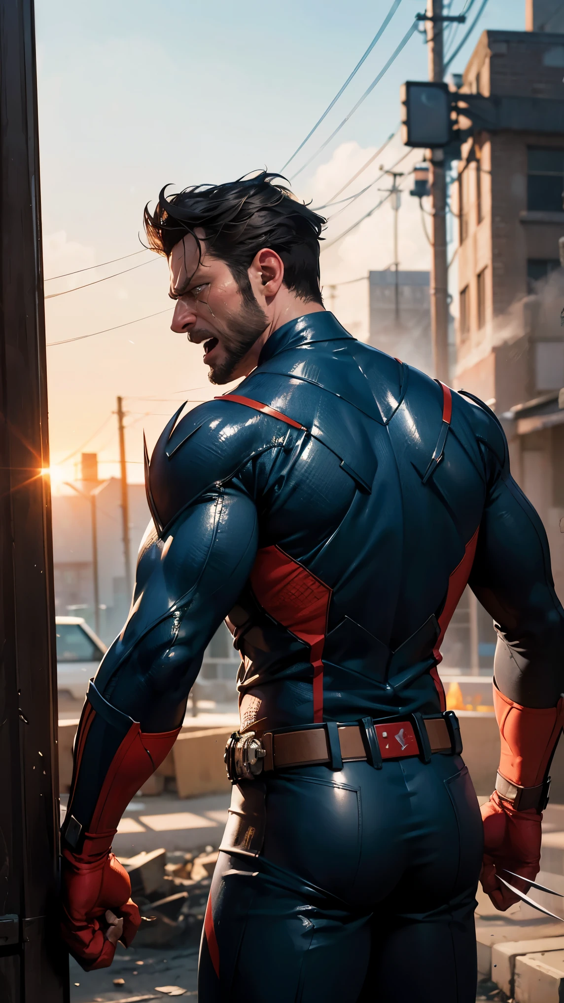 Wolverine is crying loudly, his suit is burned, masterpiece, cinematic, Extremely realistic, Extremely detailed, UHD, 8K, funny, cheerful color, best view, best light.