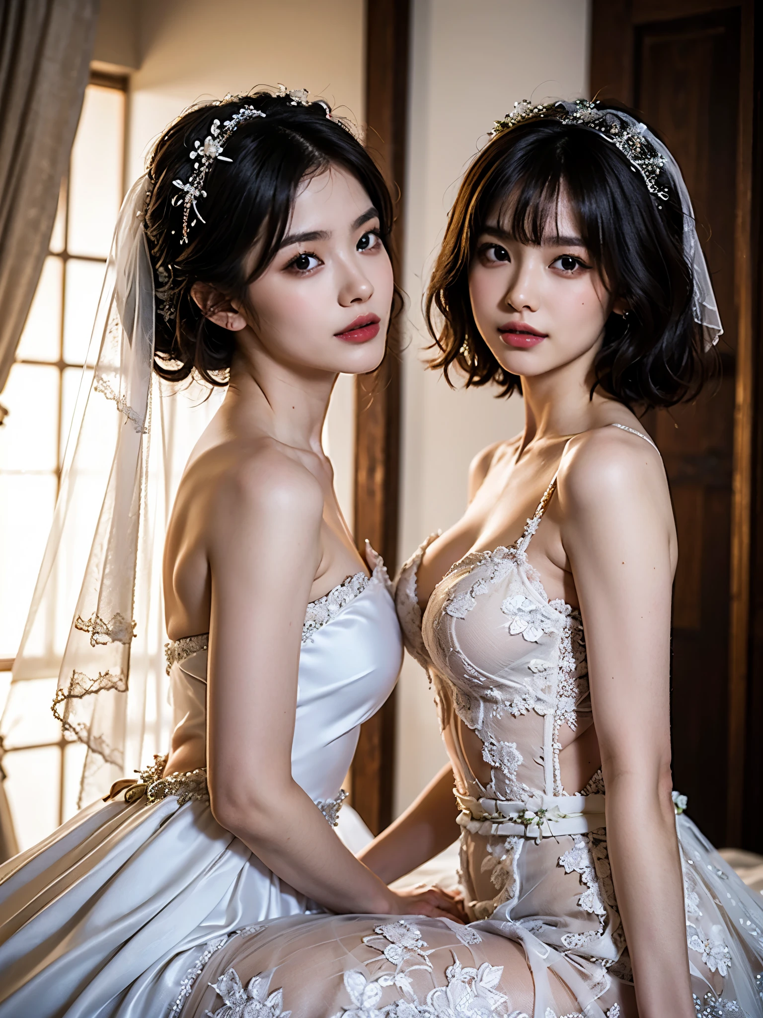 photo, photo realistic, (photorealistic:1.4), best quality, high quality, 4K, RAW, masterpiece, realistic lightning, beautiful face,
1girl, solo, (18 years old), (japanese:1.3), gravure idol, (medium breasts),
black hair, (short hair:1.2),
((light) pink lips), closed mouth, (smiling:0.8),
(bride:1.2), ((white:1.4) wedding dress:1.2), wedding veil,
looking at viewer, (upper body), (beautiful arms:1.2), (side view),
BRAKE,
(indoors:1.4), sitting on bed