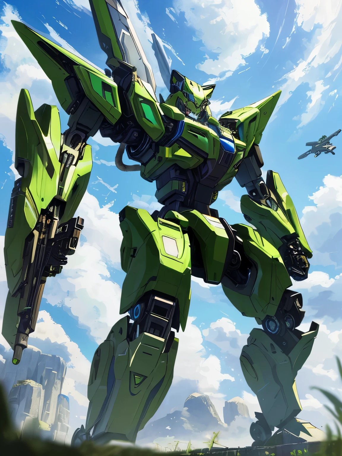 Unorganized resolution, High resolution, (masterpiece: 1.3), hyper detail, Mecha, ((cat design)),Green armor, floating in the sky (1.8) Against the background of blue sky and white clouds
