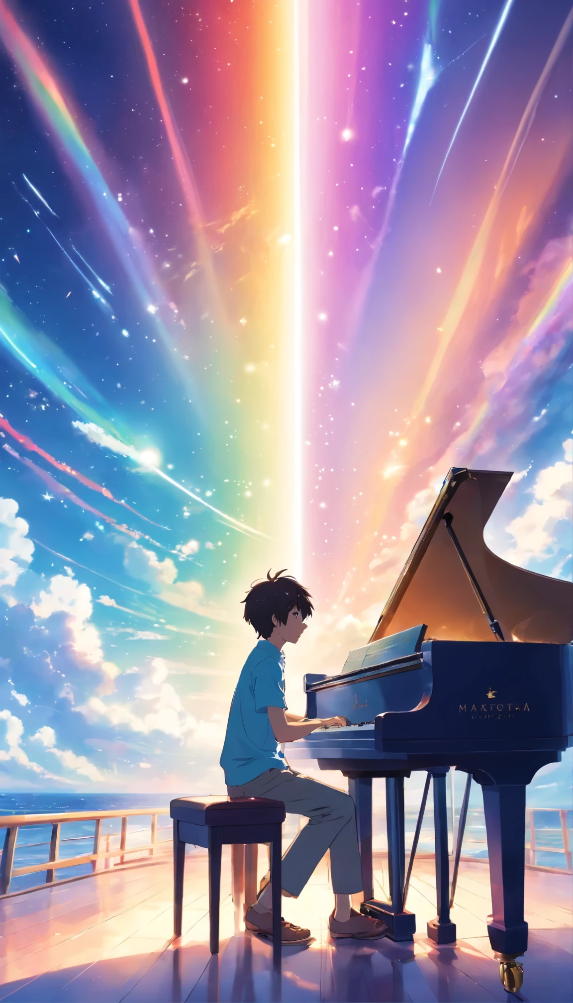 Vast space background: A boy playing the piano in space, distant view, high resolution, ultra-definition, the upper half is space, the lower half is the ocean, bright atmosphere, fantasy, magic, large, daylight hours, beautiful blue sky, shining sun, Prisma, beautiful Lighting, bright lighting, soft lighting, lots of magical light, rainbow colored light, (spark:0.7)