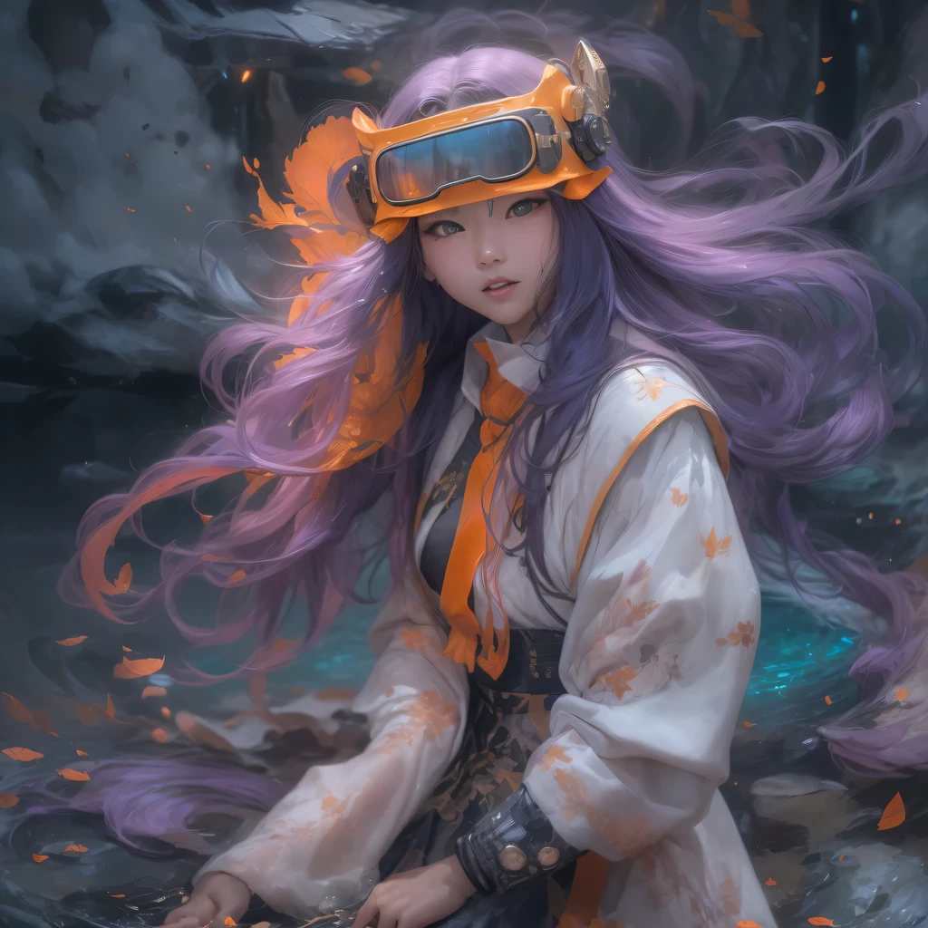 2679 Cyberpunk Year(masterpiece,HD,超HD,32k lotus root starch)Bright purple flowing hair,autumn pond, lotus root starch color, Asian (Michiko), (silk scarf), fighting stance, looking at the colorful balloons, Orange gradient long hair, ((Thick frame reflective jade windproof goggles))Floating bright purple, Fire cloud gold headdress, Chinese long-sleeved gold silk garment, (Abstract ink splash:1.2),mars background,lotus(realistically:1.4),bright purple hair,Smoke on the road,The background is very ivory、pure, high resolution, Detailed wind protection goggles, RAW photos lotus root starch, Sharp Re, Nikon D850 film photo by Jefferies Lee 4 Kodak Portra 400 camera F1.6 guns, rich and colorful, Super real、Vivid texture, dramatic lighting, Unreal Engine Art Station Trend, Silicon Nest 800