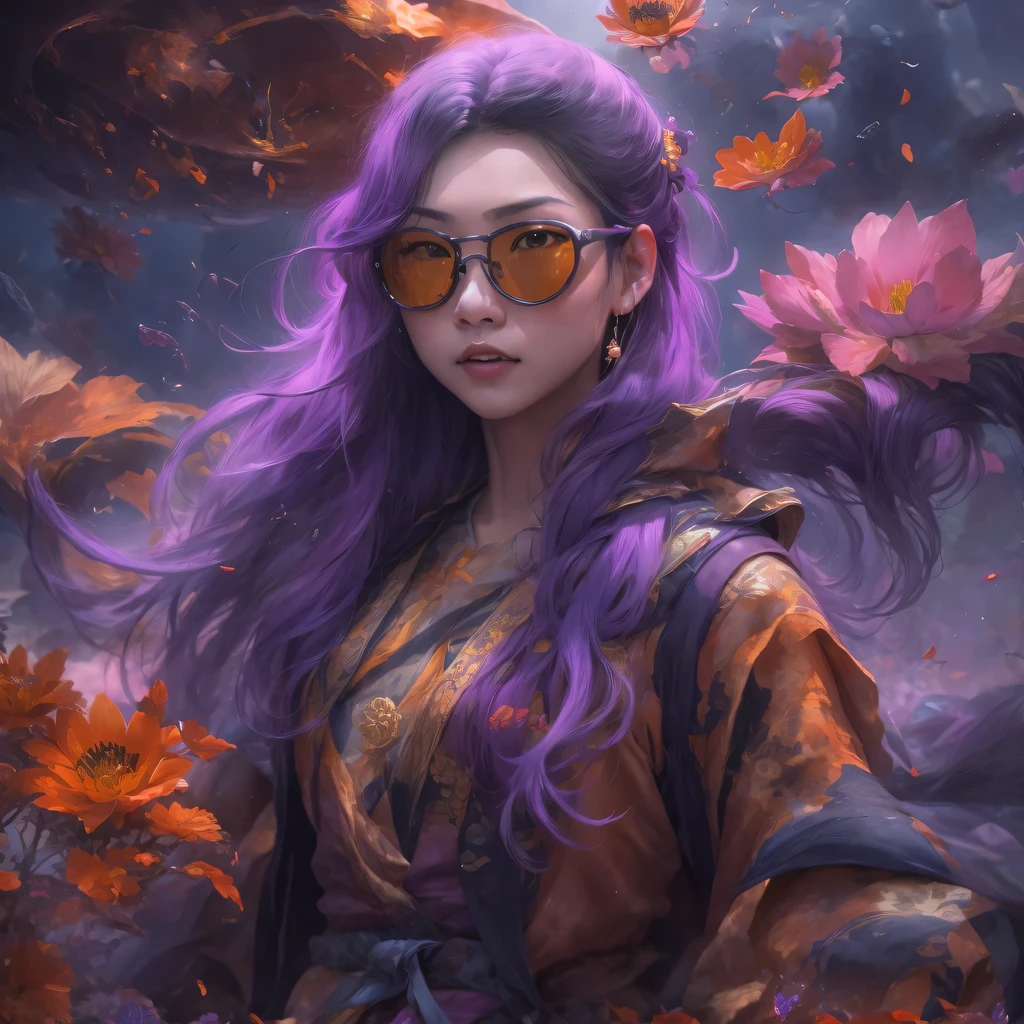 2679 Cyberpunk Year(masterpiece,HD,超HD,32k lotus root starch)Bright purple flowing hair,autumn pond, lotus root starch color, Asian (Michiko), (silk scarf), fighting stance, looking at the colorful balloons, Orange gradient long hair, ((Thick frame reflective jade windproof goggles))Floating bright purple, Fire cloud gold headdress, Chinese long-sleeved gold silk garment, (Abstract ink splash:1.2),mars background,lotus(realistically:1.4),bright purple hair,Smoke on the road,The background is very ivory、pure, high resolution, Detailed wind protection goggles, RAW photos lotus root starch, Sharp Re, Nikon D850 film photo by Jefferies Lee 4 Kodak Portra 400 camera F1.6 guns, rich and colorful, Super real、Vivid texture, dramatic lighting, Unreal Engine Art Station Trend, Silicon Nest 800