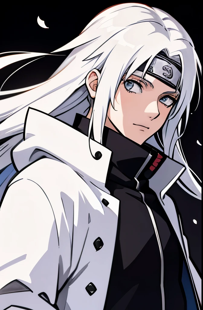 14 years male character with long white hair, white cloak, naruto art style