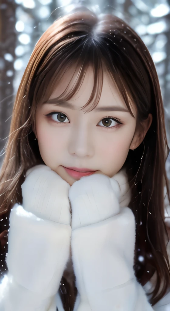 1 female, (close up of face:1.1), light brown hair, dull bangs, hair behind the ear, hair on shoulders, long hair, slender body shape, Extra-fine face, thin face, delicate lips, (beautiful eyes:1.5), light blush, eyes are light brown,watch here, extra thin hands, Super thin fingers, Optimal ratio of 4 fingers and 1 thumb, (realistic:1.3), white long coat, Scarf , gloves、Coniferous forest with heavy snowfall, It's snowing .one person's perspective, 8K, table top, nffsw, Super detailed, high quality, 最high quality, High resolution,ask for a kiss:1.2