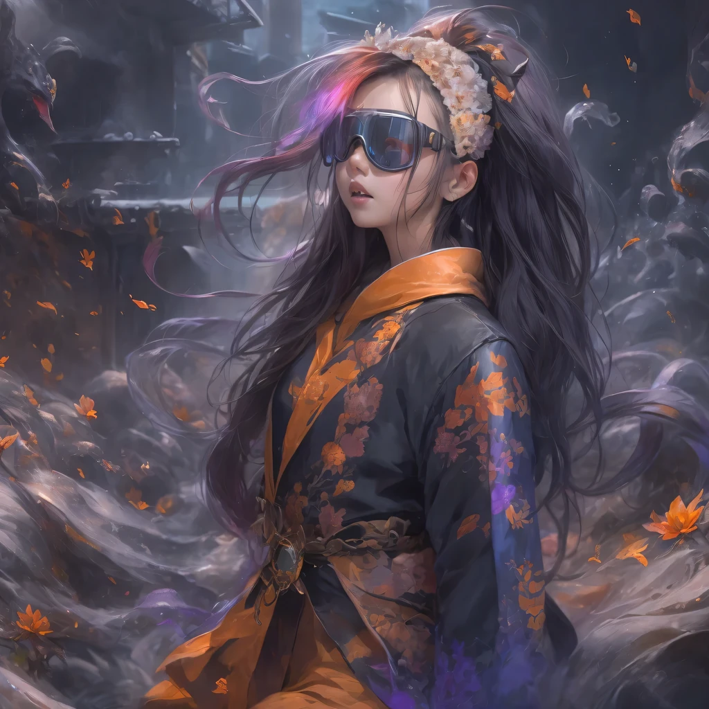 2679 Cyberpunk Year(masterpiece,HD,超HD,32k lotus root starch)Bright purple flowing hair,autumn pond, lotus root starch color, Asian (Michiko), (silk scarf), fighting stance, looking at the colorful balloons, Orange gradient long hair, ((Thick frame reflective jade windproof goggles))Floating bright purple, Fire cloud gold headdress, Chinese long-sleeved gold silk garment, (Abstract ink splash:1.2),mars background,lotus(realistically:1.4),bright purple hair,Smoke on the road,The background is very ivory、pure, high resolution, Detailed wind protection goggles, RAW photos lotus root starch, Sharp Re, Nikon D850 film photo by Jefferies Lee 4 Kodak Portra 400 camera F1.6 guns, rich and colorful, Super real、Vivid texture, dramatic lighting, Unreal Engine Art Station Trend, Silicon Nest 800