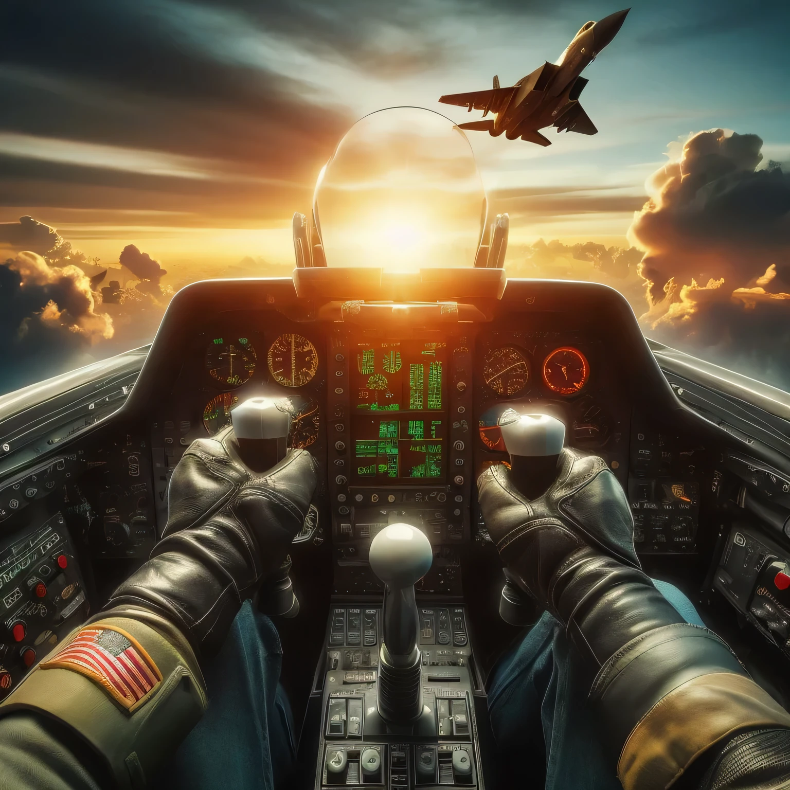 arafed view of a pilot's cockpit with a jet flying in the background, in the cockpit of a fighter jet, fighter pilot in the cockpit, flying through sunset, flying aircrafts, portrait of figther jet evading, jet fighter background, going forward to the sunset, cockpit view, military photography, in cockpit
