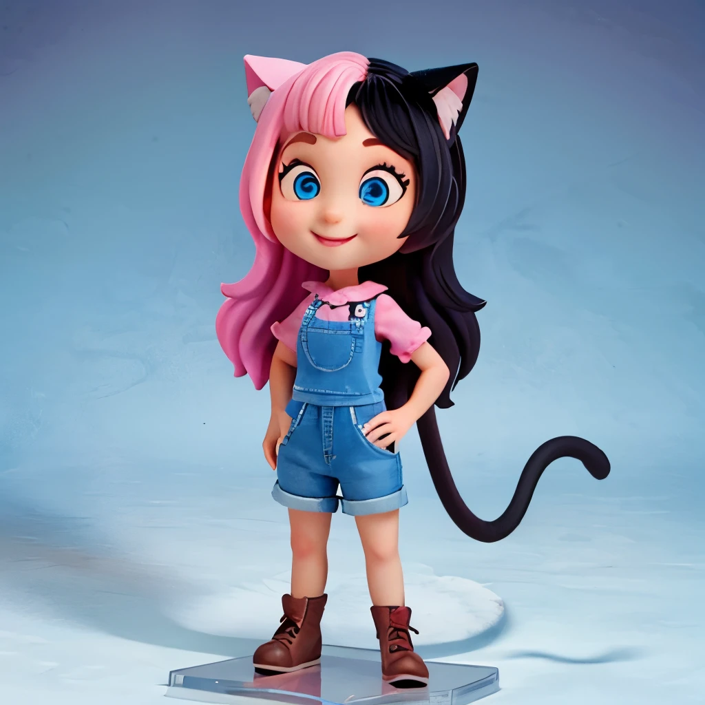 Pixar style super cute, 10 year old, standing, charming big eyes, cute tail, surreal, super fine, super detailed, illusory engine, 8k, female that is half human, half cat, black and pink hair , blue eyes, beautiful background. Smile face. Blind box figures.
