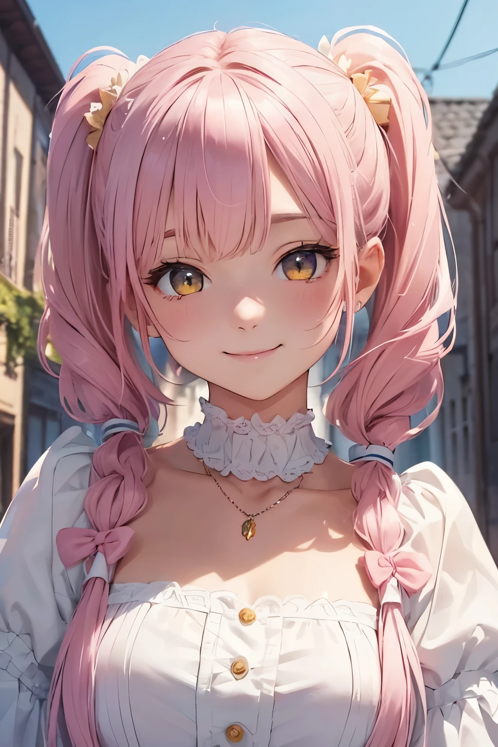 (((best quality))), ((ultra-detailed)),((an extremely delicate and beautiful)), ((16k)), upper body, pink Pigtails, yellow eyes, choker (type of necklace), wearing a cute and adorable white outfit, smile, townscape background,
