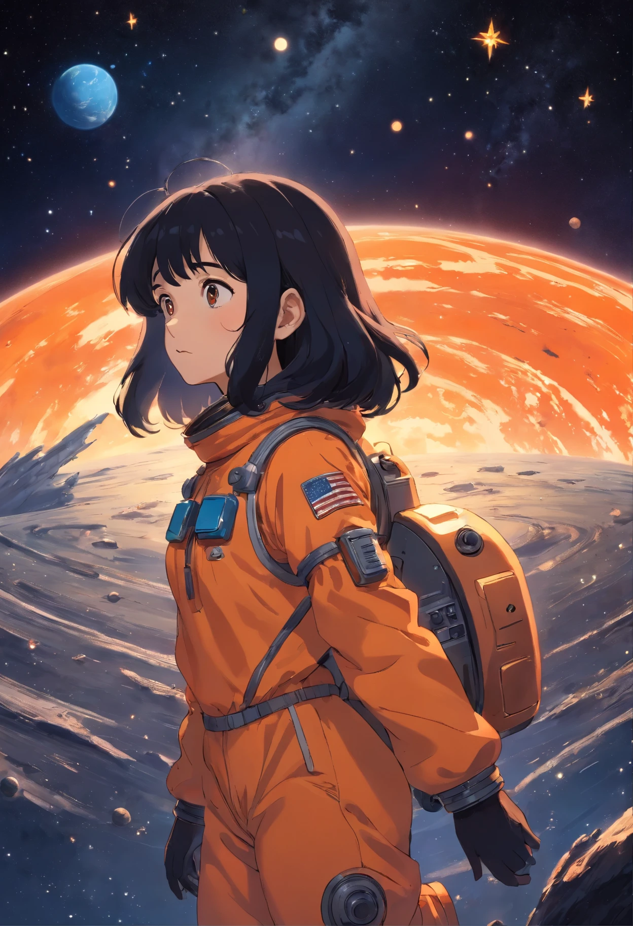 A lonely woman lost on a dangerous alien moon, bouncy black hair, wearing an old worn downOrange space suit, dazzling stars, galaxy, earth in back ground, masterpiece, insane details, 8k