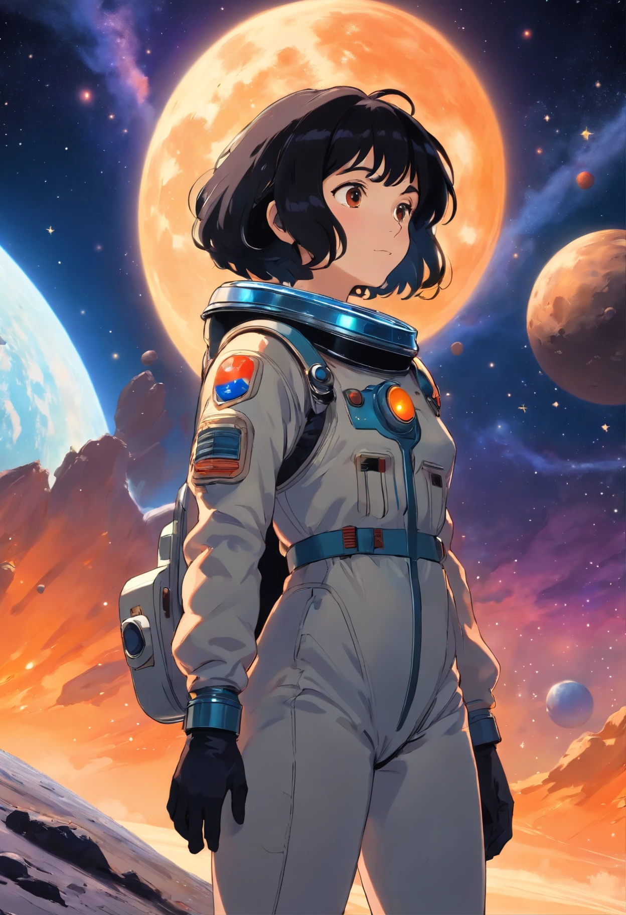 A lonely woman lost on a dangerous alien moon, bouncy black hair, wearing an old worn downOrange space suit, dazzling stars, galaxy, earth in back ground, masterpiece, insane details, 8k