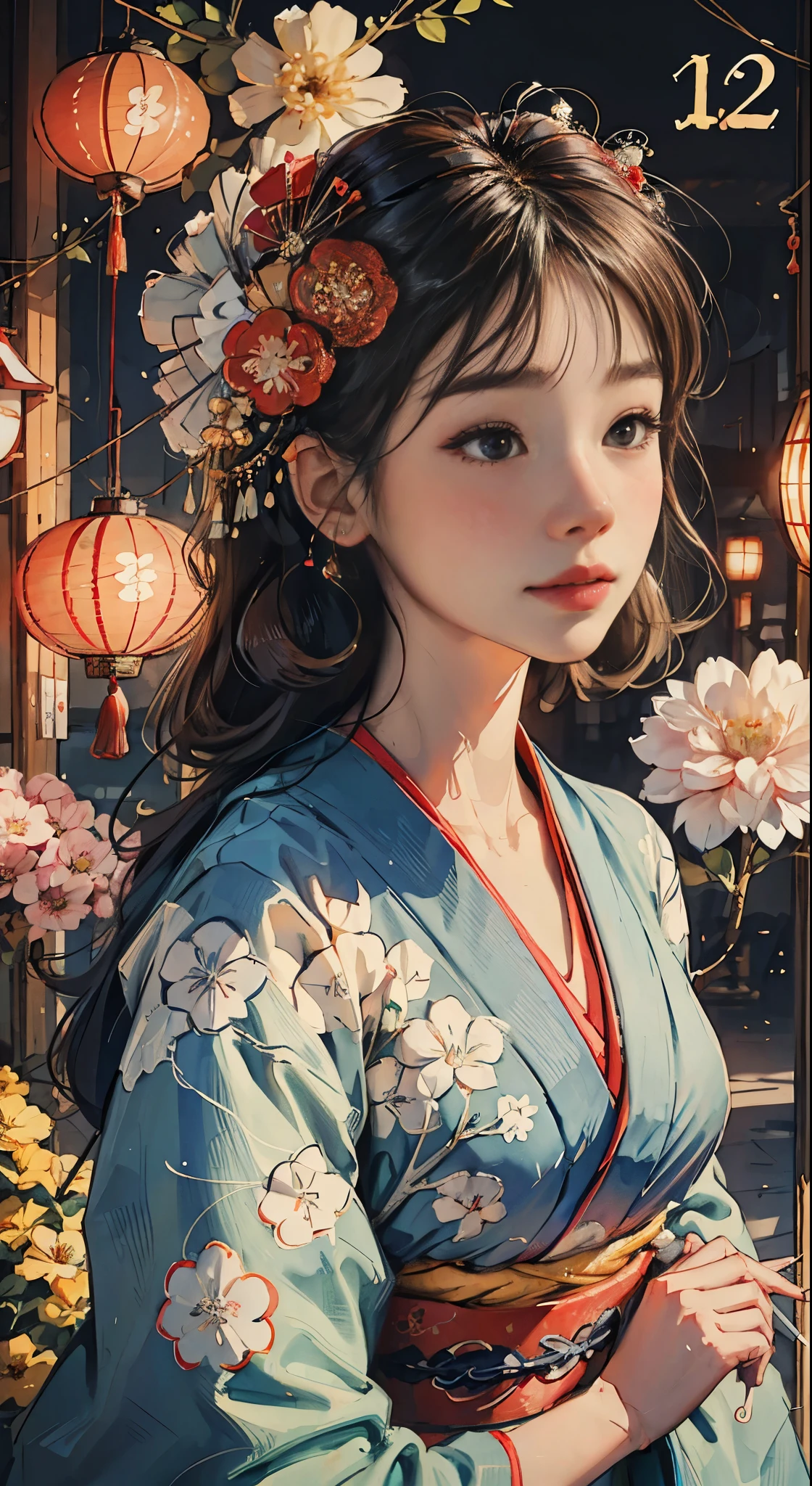 8K, top-quality, hight resolution, Bishoujo 1 25 years old, Flower steamed buns,A slight smil, (traditional Japanese kimono:1.3)、Luxury kimono、no wrinkles at all,watercolor paiting, (Flower hair ornament:1.3)