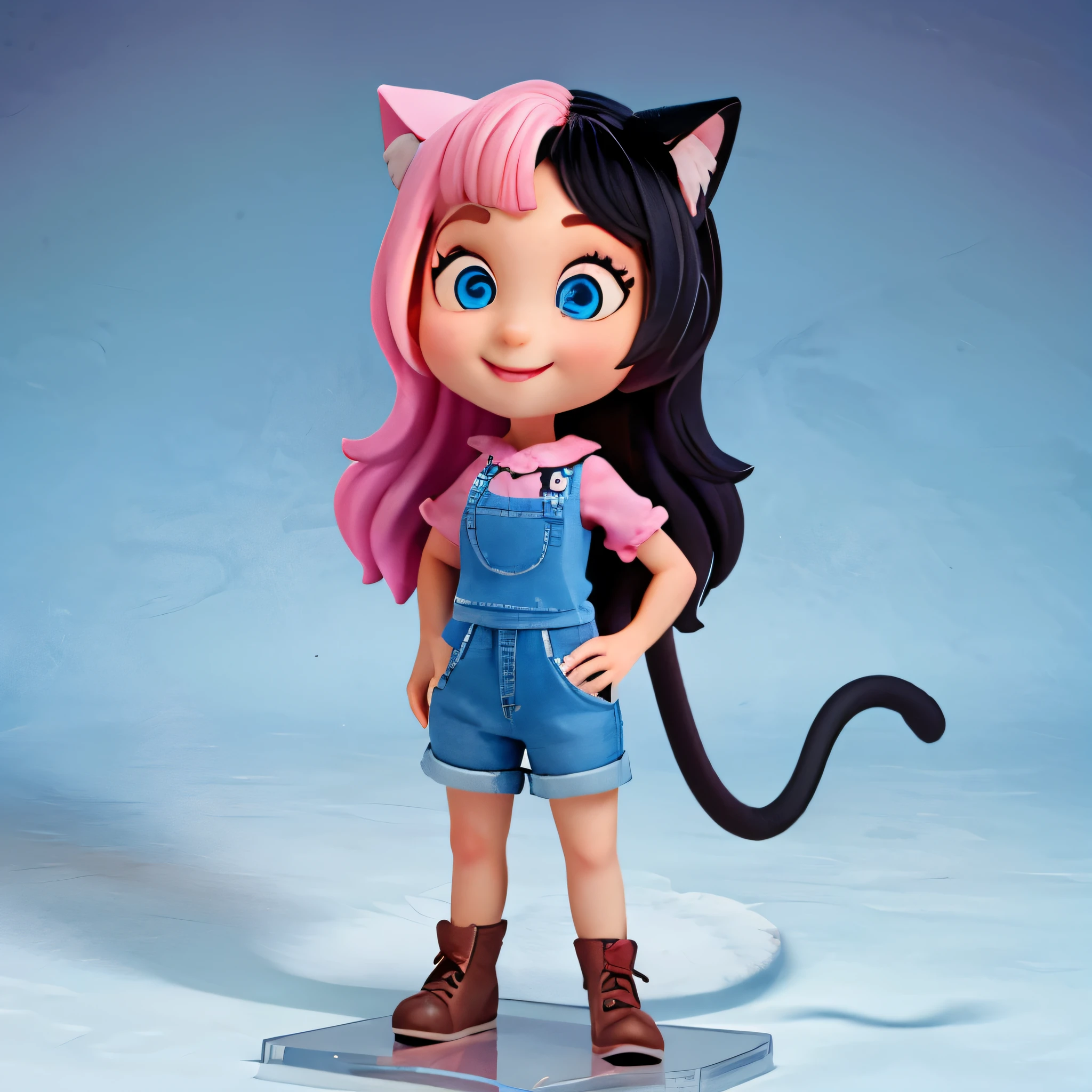 Pixar style super cute, 10 year old, standing, charming big eyes, cute tail, surreal, super fine, super detailed, illusory engine, 8k, female that is half human, half cat, black and pink hair , blue eyes, beautiful background. Smile face. Blind box figures. 