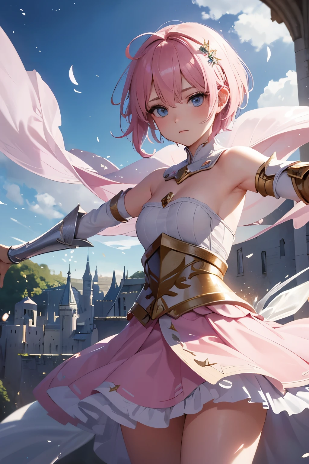 best quality, 32k, RAW photo, incredibly absurdres, extremely detailed, delicate texture, beautiful female knight warrior, iridescent pink pixie short cut that messy bounces outward, ahoge, holy sword, Excalibur, background abandoned castle, delicate, flashy and dynamic depiction, uplifting, (wind:1.2)