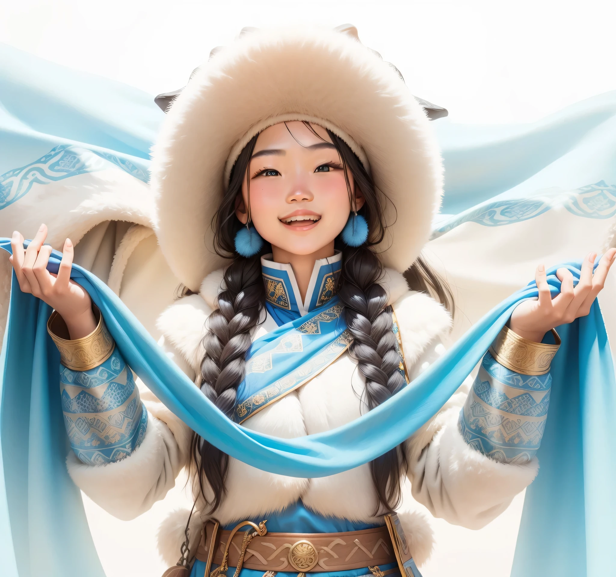A happy Mongolian girl wearing a fur hat holding a blue cloth in her palm style raw realistic