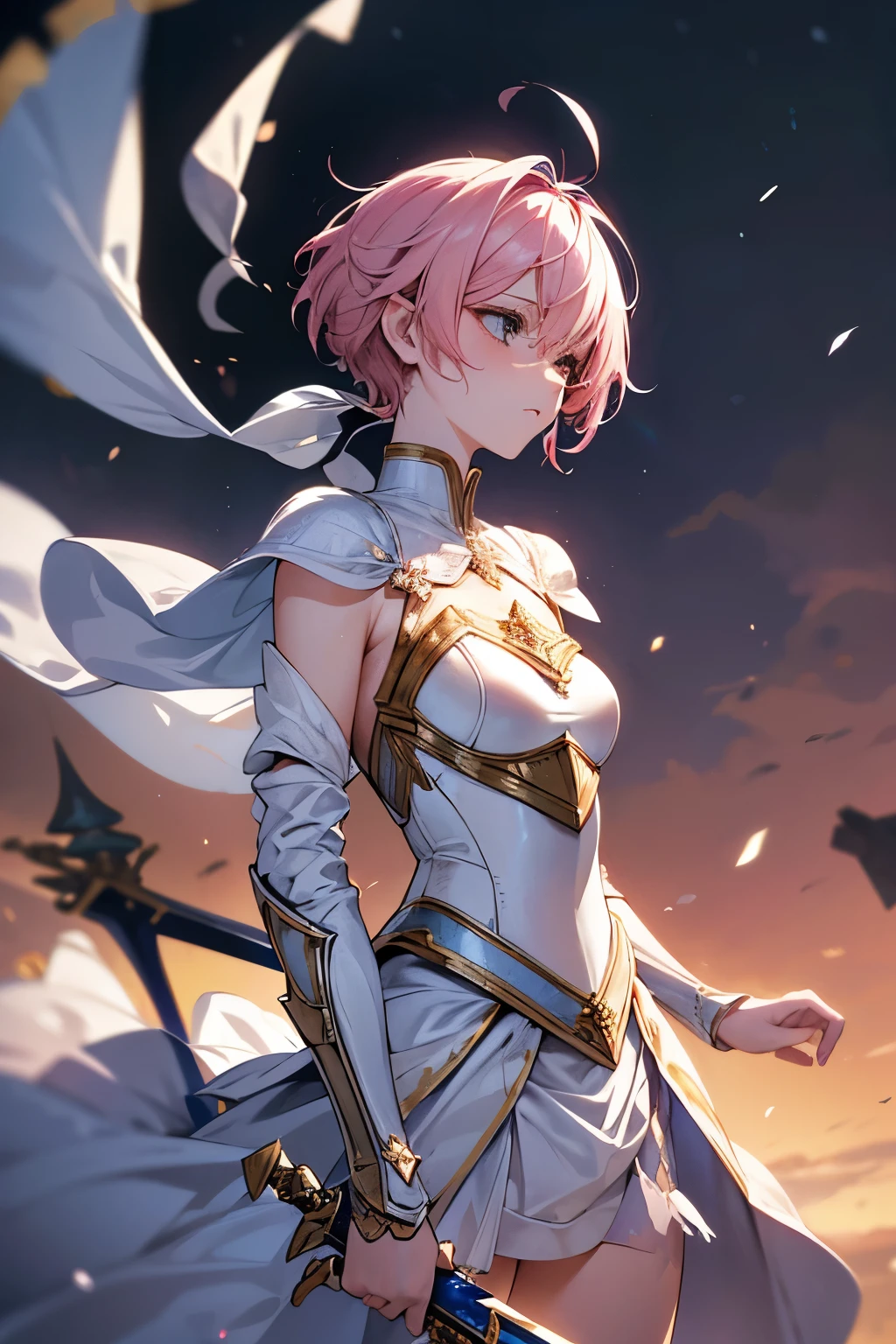 best quality, 32k, RAW photo, incredibly absurdres, extremely detailed, delicate texture, beautiful female knight warrior, iridescent pink pixie short cut that messy bounces outward, ahoge, holy sword, Excalibur, background abandoned castle, delicate, flashy and dynamic depiction, uplifting, (wind:1.2)