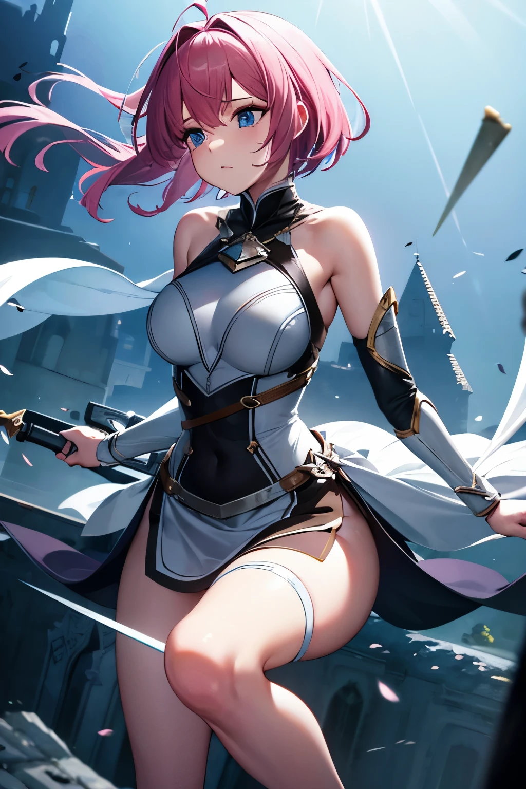 best quality, 32k, RAW photo, incredibly absurdres, extremely detailed, delicate texture, beautiful female knight warrior, iridescent pink pixie short cut that messy bounces outward, ahoge, holy sword, Excalibur, background abandoned castle, delicate, flashy and dynamic depiction, uplifting, (wind:1.2)