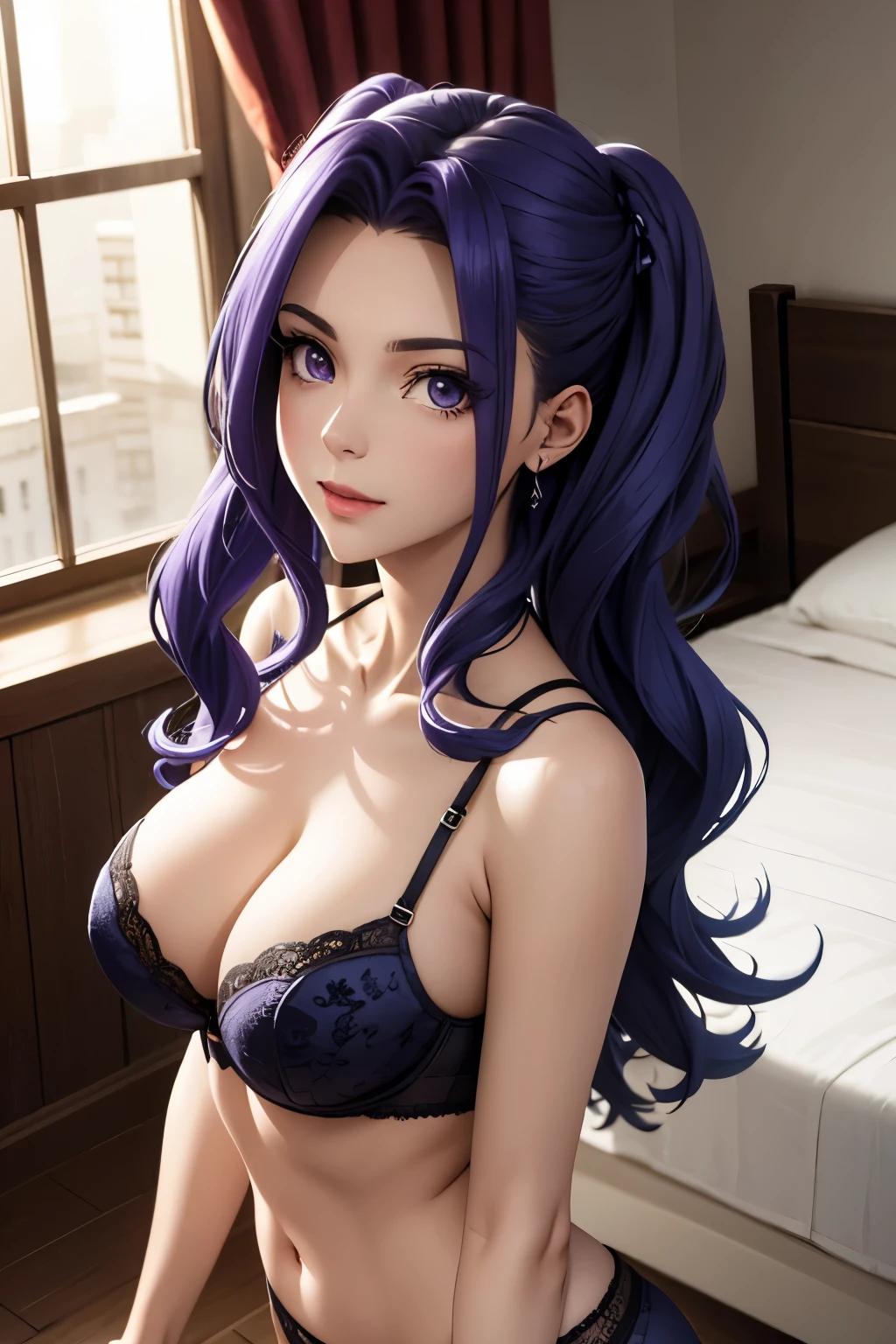 beautiful woman 22 years old light skin BLUE hair wavy updo, ojos violetas brillantes pechos grandes bien formados. sonrisa alegre, underwear violet bra and violet panties sexy pose background a bed