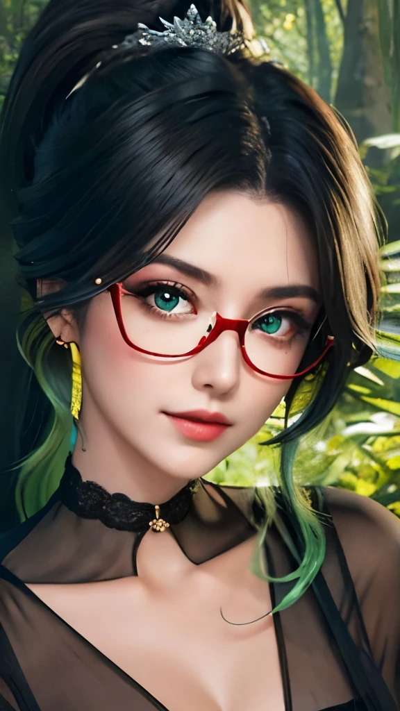 masterpiece, best quality, ultra high resolution, Fluorescent color,, 1 girl, looking at the audience, pretty face, beautiful eyes, (black silk clothes: 1.2), Looked up, huge ，forest, Shiny black hair and green hair, Long ponytail，Good-looking hair accessories，light green eyes，red glasses，Red Half-rimmed Glasses，shiny skin, Glow emission cutting, Chibi, Finger proportions are coordinated