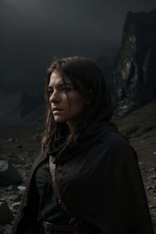 (best quality, highres:1.2), dimly lit, cinematic, mysterious atmosphere, intense expression, foggy background, dramatic lighting, war-torn landscape, hauntingly beautiful, cloak flowing in the wind, rugged terrain, intricate details, atmospheric effects, brooding ambiance, captivating composition, enigmatic protagonist