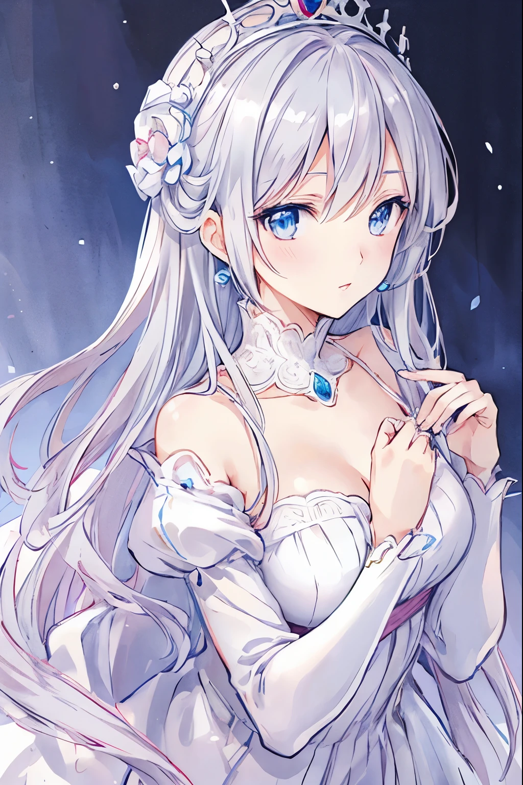 Woman in white dress、Beautiful and Elegant Queen, beautiful character drawings, detailed digital anime art, princess, gray hair, sky blue eyes, pink lips、medieval bedroom background、