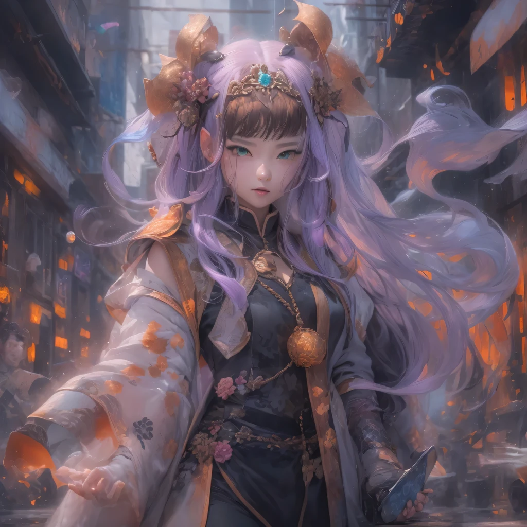 2679 Cyberpunk Year(masterpiece,HD,超HD,32k lotus root starch)Bright purple flowing hair,autumn pond, lotus root starch color, Asian (Michiko), (silk scarf), fighting stance, looking at the colorful balloons, Orange gradient long hair, ((Thick frame reflective jade windproof goggles))Floating bright purple, Fire cloud gold headdress, Chinese long-sleeved gold silk garment, (Abstract ink splash:1.2),mars background,lotus(realistically:1.4),bright purple hair,Smoke on the road,The background is very ivory、pure, high resolution, Detailed wind protection goggles, RAW photos lotus root starch, Sharp Re, Nikon D850 film photo by Jefferies Lee 4 Kodak Portra 400 camera F1.6 guns, rich and colorful, Super real、Vivid texture, dramatic lighting, Unreal Engine Art Station Trend, Silicon Nest 800