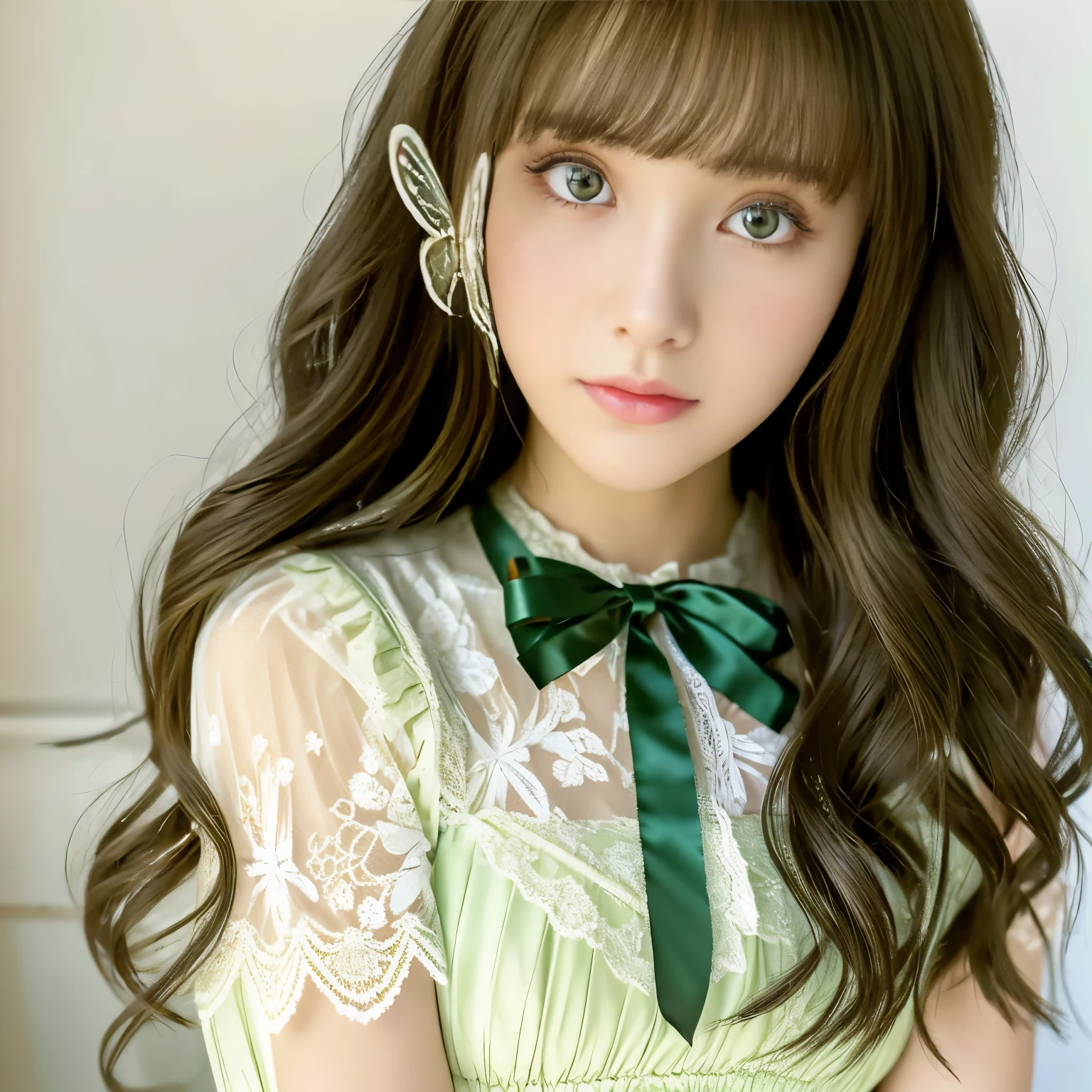 ((masterpiece)), (highest quality), (simple style), girl, Japanese, 22 years old, green one piece, butterfly heart, pleated lace, edwardian lace dress. long shiny hair, Sparkling eyes,