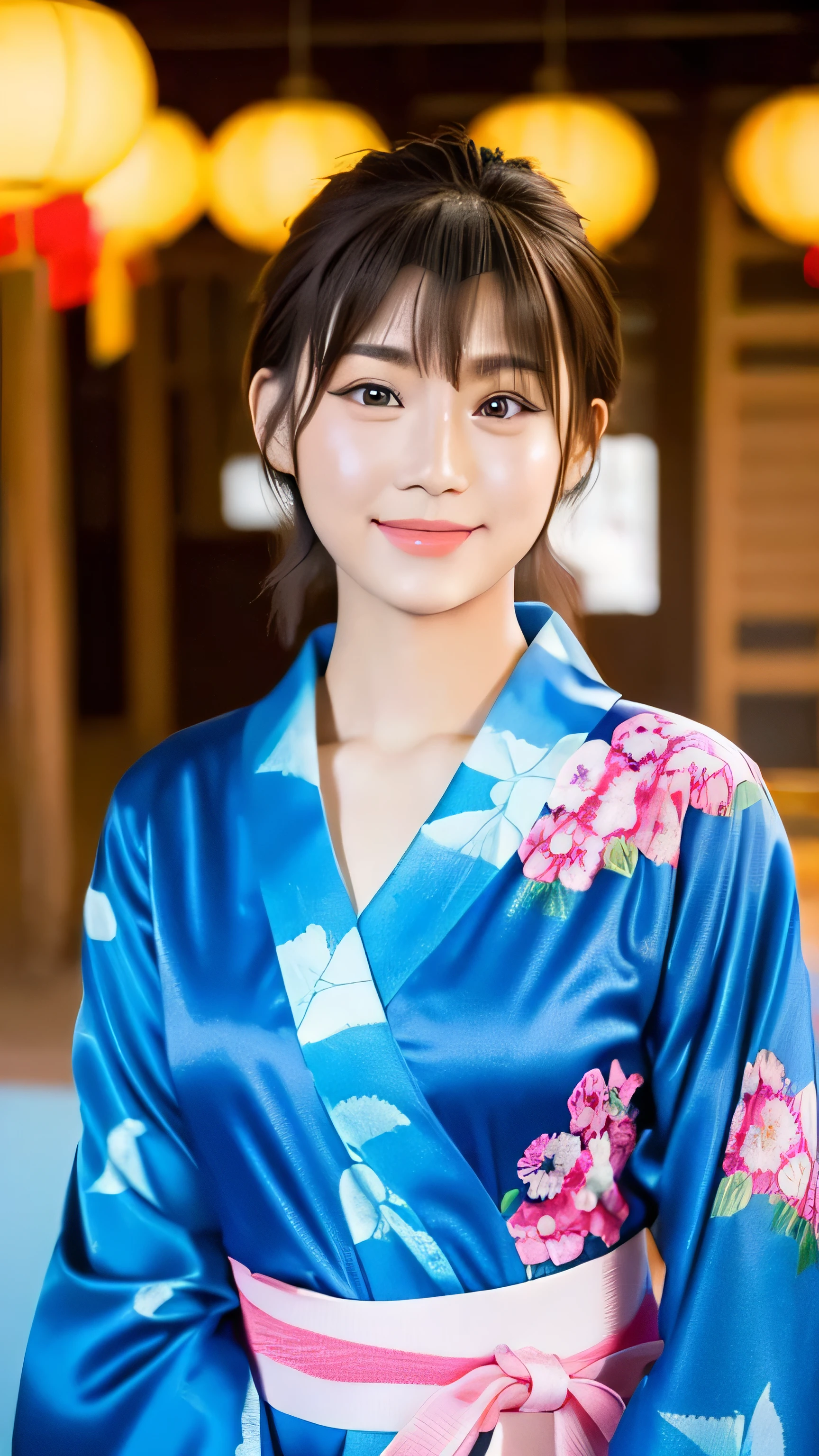 (yinchuan:1.5), close, masterpiece, highest quality, RAW photo, realistic, big breasts, beautiful and perfect face, soft smile, 25 year old girl, Colorful yukata, floral pattern yukata, evening, short hair, written boundary depth, High resolution, ultra detail, small details, intricate details, beautiful eyes, realistic student,