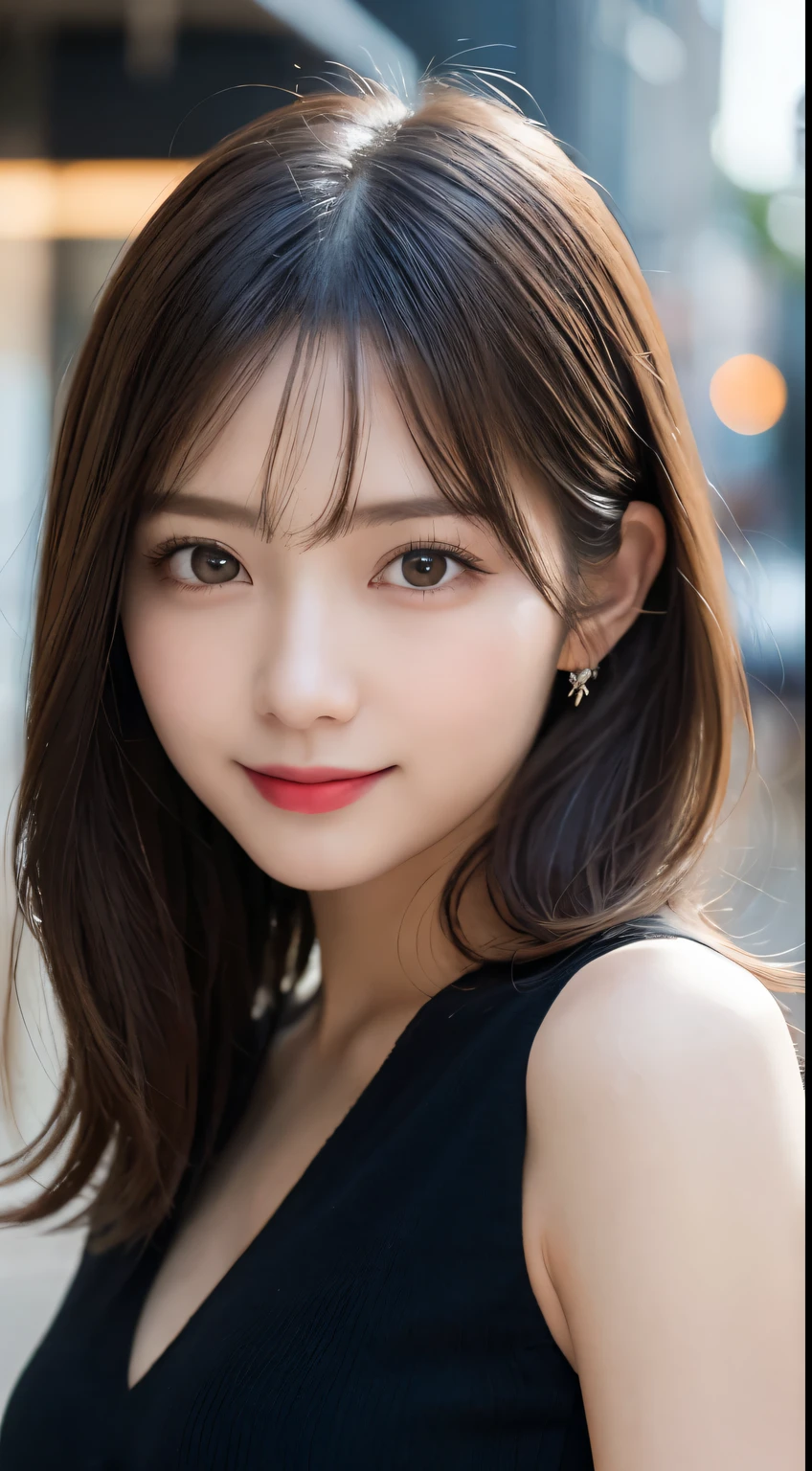 masutepiece, Best Quality, Illustration, Ultra-detailed, finely detail, hight resolution, 8K Wallpaper, Perfect dynamic composition, Beautiful detailed eyes, Gorgeous and elegant black winter clothes,Medium Hair,Small breasts natural color lip, Bold sexy poses,Smile,Aoyama Street、20 years girl、Cute、Sexy shot looking at camera,natta,beautifull detailed face,Classy face,Perfect and beautiful face,Slim face and body