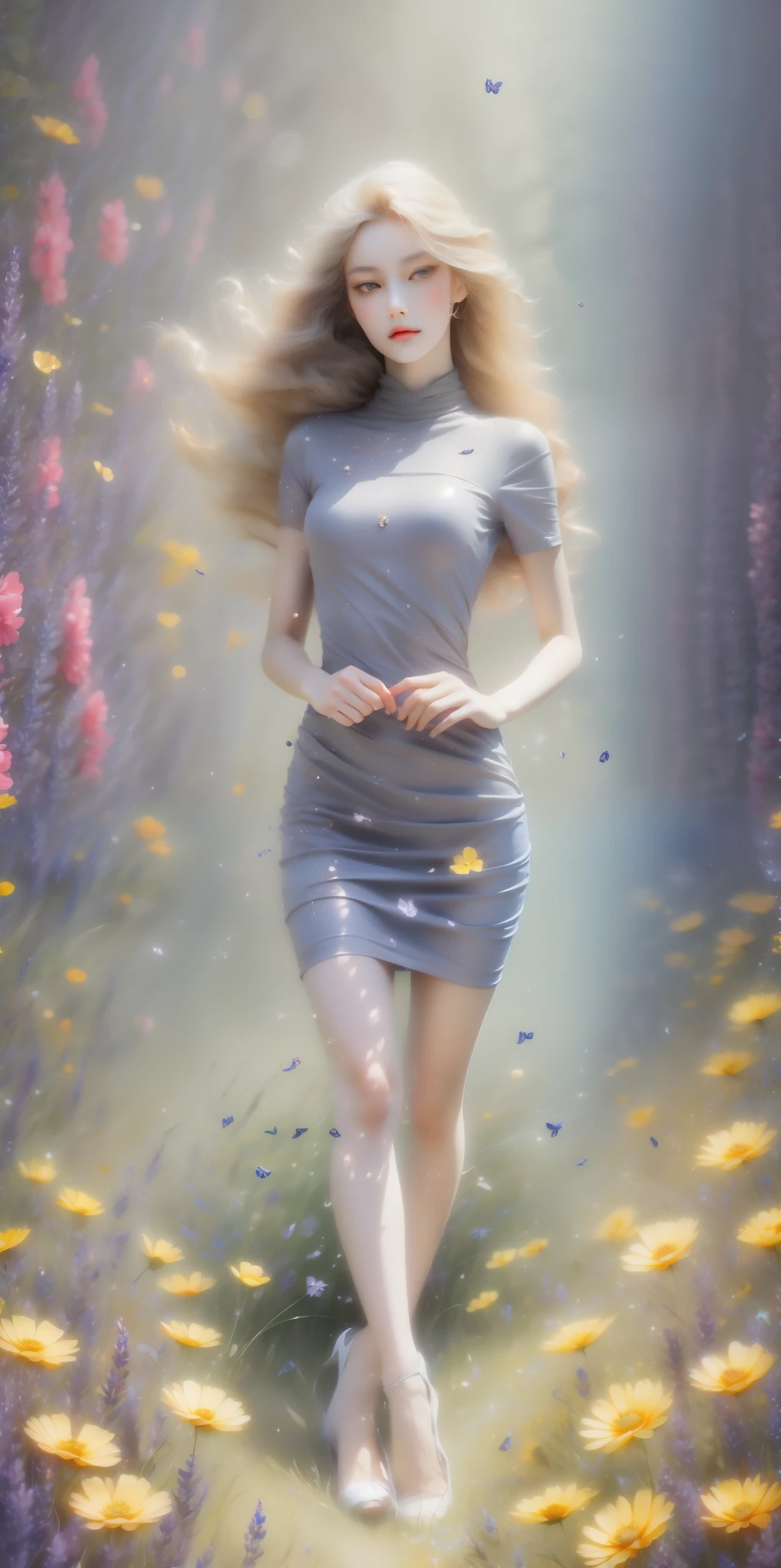 Beautiful woman in a dream space, Tight ultra-thin dress gold, 18K, {{masterpiece}}, best quality, high quality:1.4), {{[[Look head-on}}, Eye_touch,Various photo taking actions)]], The face is beautiful, and very pretty Eyes, Lovely图像, (((Full body image))),（（beautiful legs））, perfect body proportions，（slim sexy body）, （177 meters）, alone, long legs, charming, ，Lovely, pale skin, {{German girls 18 to 22 years old}}, look beautiful German girl and blue Eyes or green Eyes with platinum blonde hair color), Nordic German girl,Modern tailoring garments，see through clothes，Exterior，𝓡𝓸𝓶𝓪𝓷𝓽𝓲𝓬，Vision