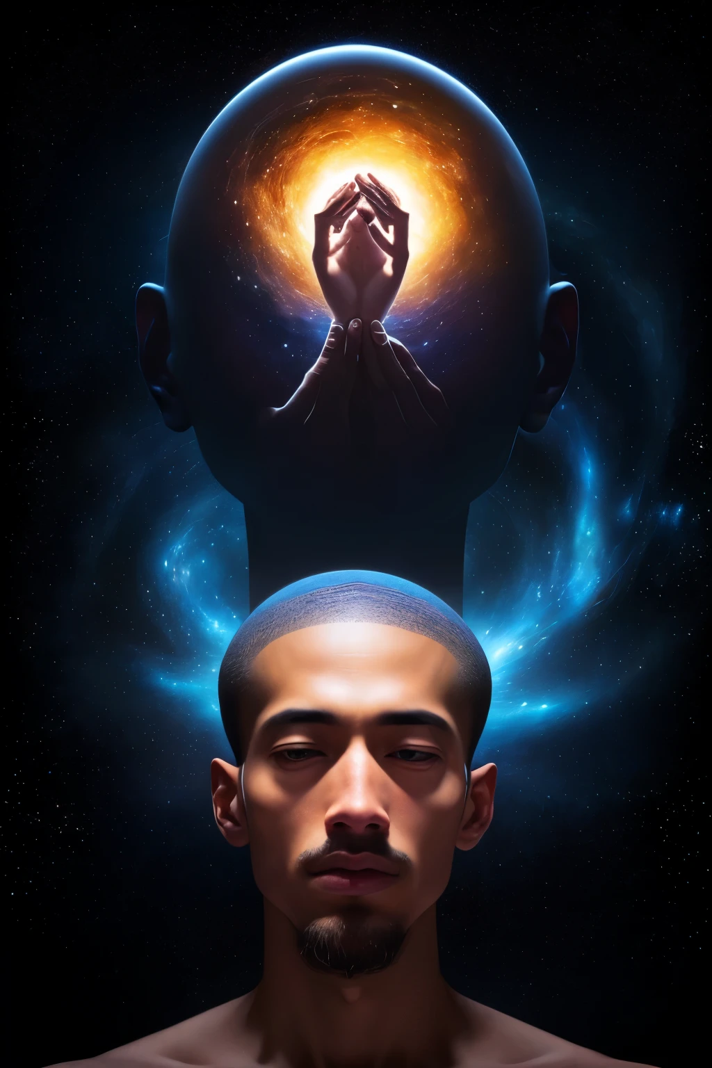 A surrealistic portrait of a thoughtful individual with an expanding head that reaches out to the infinite universe, capturing the essence of introspection and deep contemplation. Meticulously crafted in exquisite detail, this masterpiece presents the subject in an outline form, with his head expanding beyond boundaries - a prodigious representation of the human mind's vast potential. The figure's fingertips touch his mouth, forming the universal sign for silence - an eloquent symbol of introspection and self-reflection. The artwork's mesmerizing depth, guided by intricate shading and highlights, invites the audience to ponder the unknown wonders of the cosmos and the human mind.