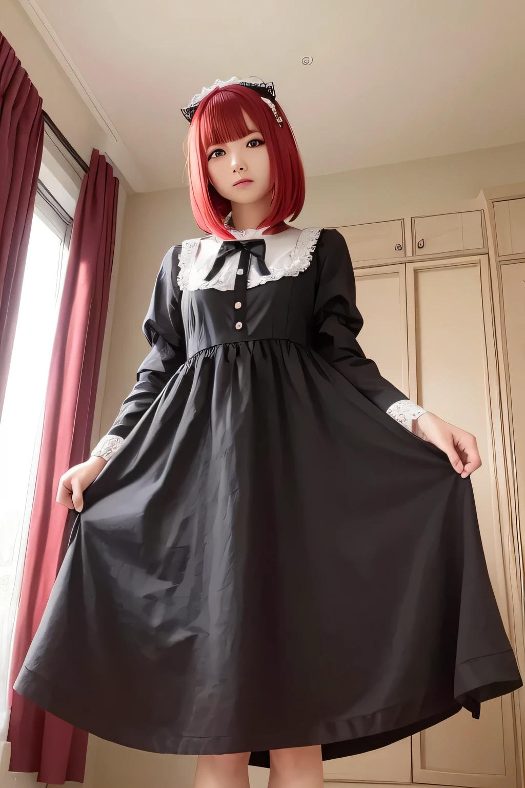 In maid clothes 、whole body、Photo taken from below、one beautiful maid、red hair long bob hair、hair ornaments、indoor