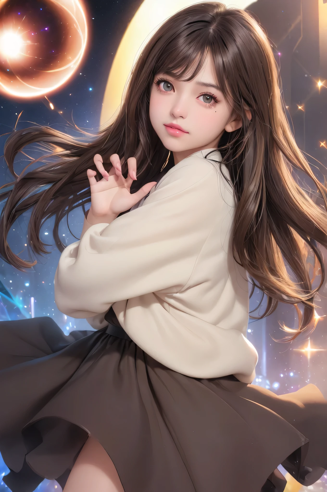 (dark brown eyes;1.2), 1girl, pose, particle, wind, daynamic angle, Close-up,looking at viewer, darkblonde, Power Spot,prism、maze、confusion、undulation