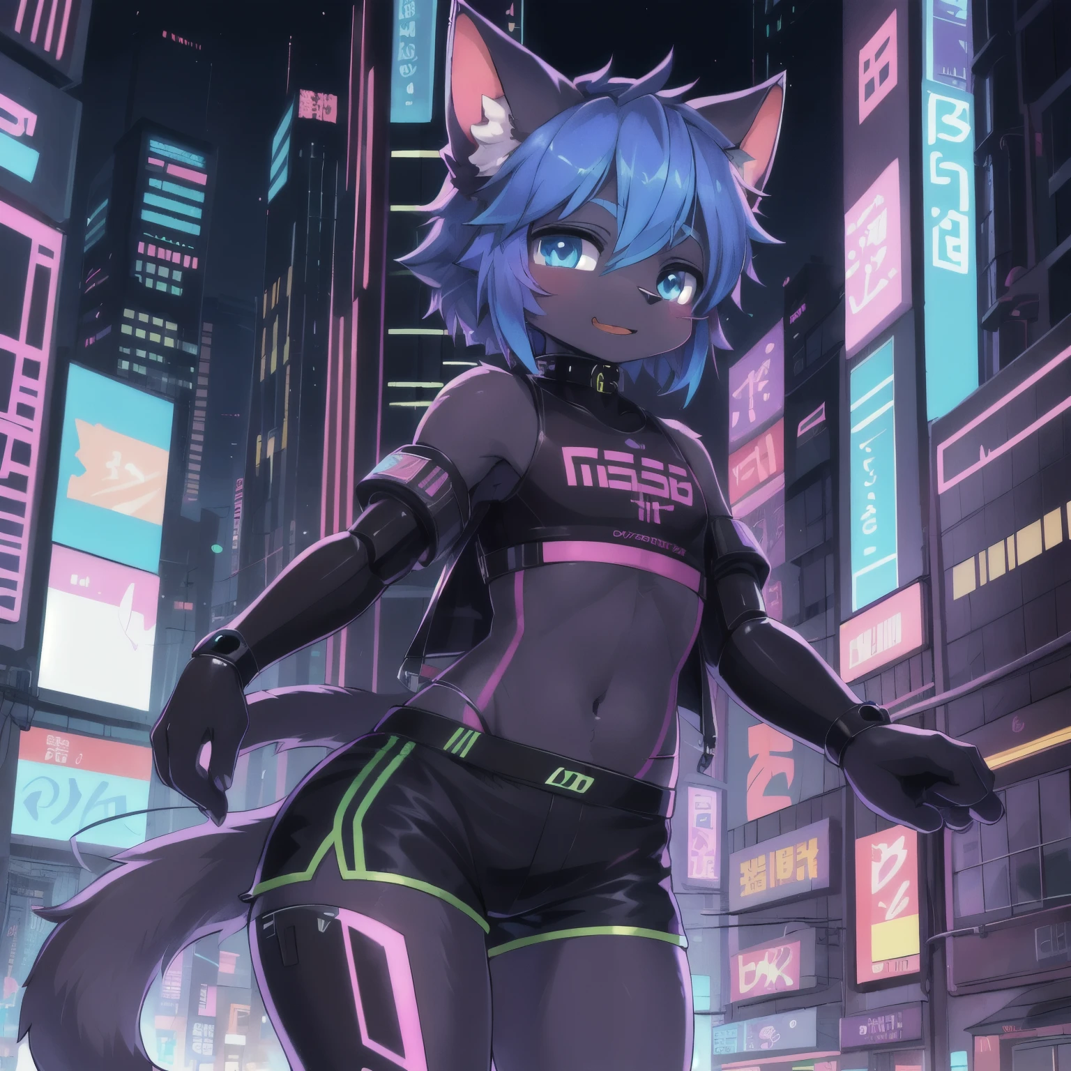masterpiece, perfect anatomy, solo, 1boy, Furry, kemono, furry cat, anthropomorphic, male, dark fur, dark skin, blue eyes, femboy, cyberpunk clothes, crop top, sexy bodysuit, shorts, revealing clothes, cyberpunk city, day time, uploaded on e621, Cyberpunk technology. cybernetics,
