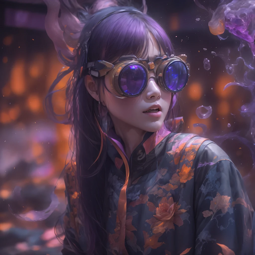 2679 Cyberpunk Year(masterpiece,HD,超HD,32k lotus root starch)Bright purple flowing hair,autumn pond, lotus root starch color, Asian (Michiko), (silk scarf), fighting stance, looking at the colorful balloons, Orange gradient long hair, ((Thick frame reflective jade windproof goggles))Floating bright purple, Fire cloud gold headdress, Chinese long-sleeved gold silk garment, (Abstract ink splash:1.2),mars background,lotus(realistically:1.4),bright purple hair,Smoke on the road,The background is very ivory、pure, high resolution, Detailed wind protection goggles, RAW photos lotus root starch, Sharp Re, Nikon D850 film photo by Jefferies Lee 4 Kodak Portra 400 camera F1.6 guns, rich and colorful, Super real、Vivid texture, dramatic lighting, Unreal Engine Art Station Trend, Silicon Nest 800