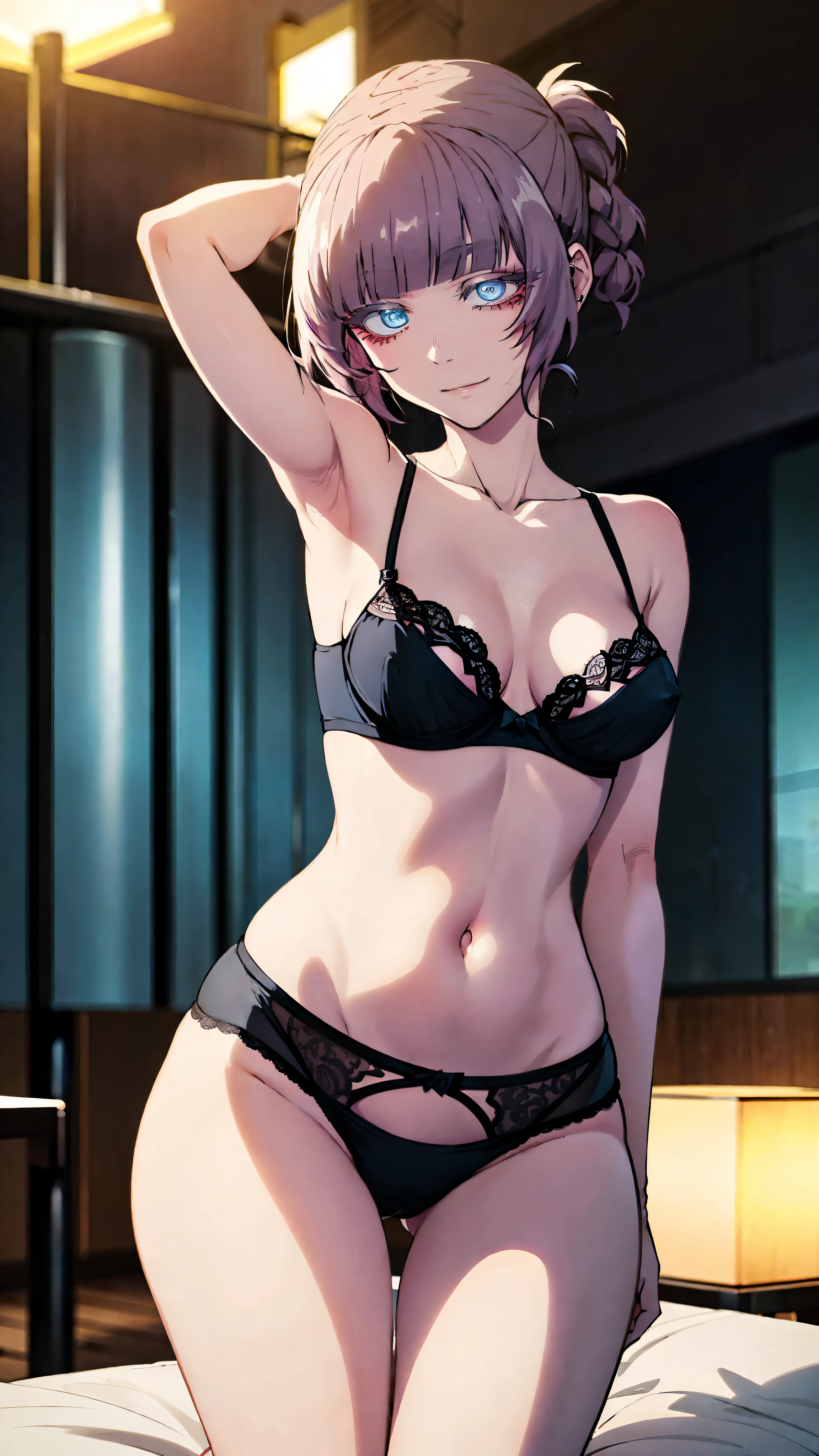 Nanakusa nazuna (Call of the night), Fleshy thighs, Instagram pose,Dynamic angle, Show armpits, ((Lingerie)), Nipples, C cup, Happy expression, (Entire body image:1.5), (8K, Best quality, A high resolution:1.35), (RAW photo:1.2), (Photorealistic:1.37), (Masterpiece: 1.25), Dramatic lighting, Photon maping, Symmetry, Complexity, Elegance, (1 girl), Long eyelashes, Detailed eyelashes, Eye shadows, Glowing eyes, ((Natural makeup, Clear facial features)), ((Curvy build, Showing stomach)), ((Fine detailed beautiful eyes: 1.2)), Bad girl, Erotic, ((Hotel room background, Night))