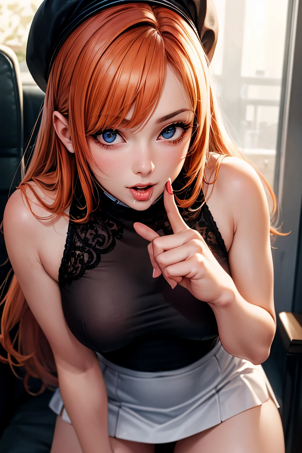 Goddess Woman, 30 years, orange hair, adult, black body, white skirt and bolero, saliva, excited, open legs, soft ligth, seductive look, puckered lips, face detail, close-up, fingers --style realistic-imagine -