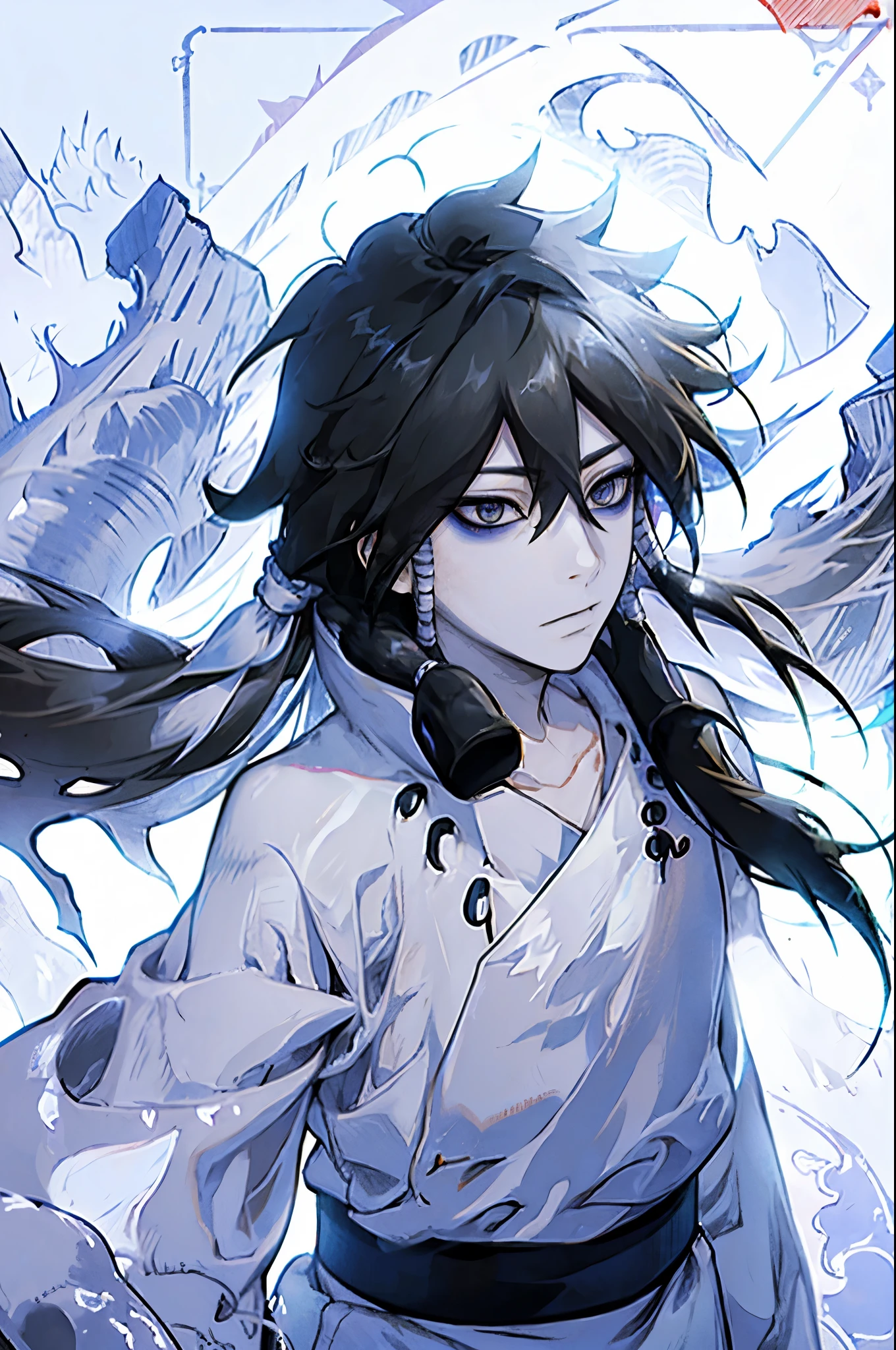 masterpiece, boy, black hair. perfectly detailed dark eyes. In the middle of the snow, wearing a white yukata.