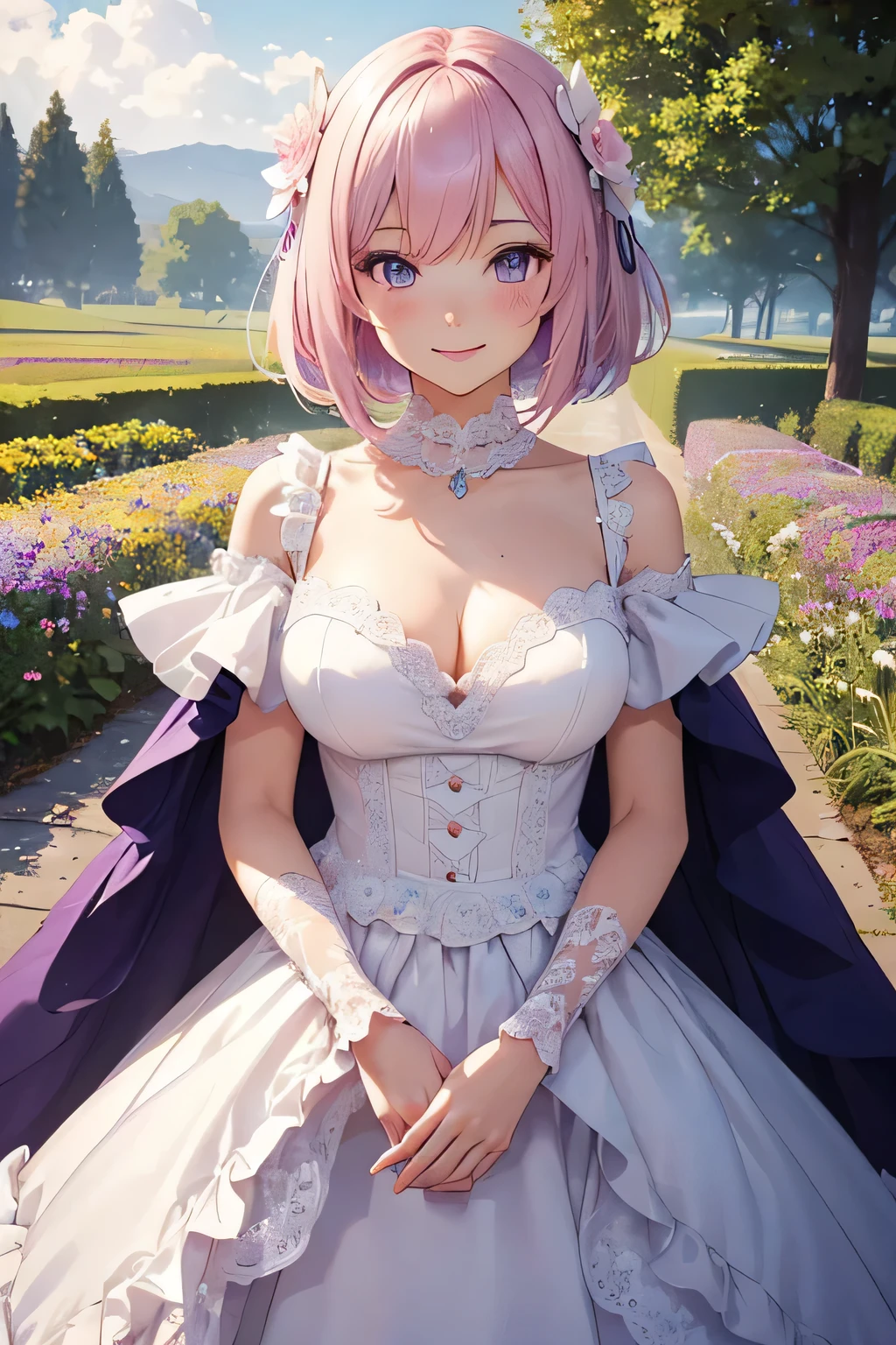 ((Super super detailed and perfect work)),figure, masterpiece,(extremely detailed CG 8k),(Extremely detailed 8K CG) (((1girl))), wonderful, girl, 18-year-old, light pink bob hair, medium breasts, slender weist, smile, beautiful eyes, purple eyes, yellow sparkling eyes, Sparkling Galactic Gems, smile, cowboy shot, ((Super super detailed and perfect work)), figure, masterpiece, (extremely detailed CG 8k),(Extremely detailed 8K CG) ,(((1girl))),smile, flower garden, perfect hands, , wedding dress, dress, null, medium hair,
