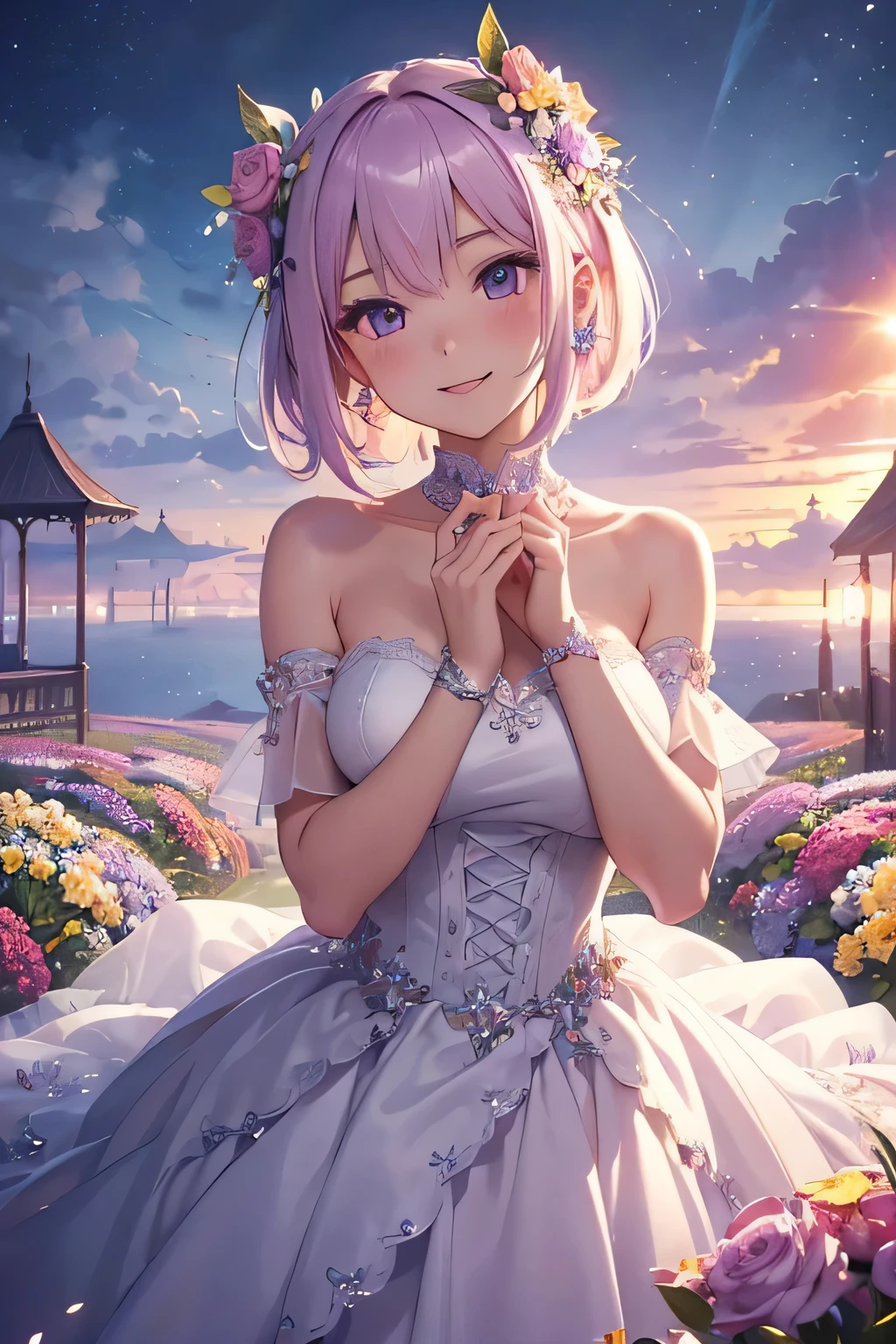 ((Super super detailed and perfect work)),figure, masterpiece,(extremely detailed CG 8k),(Extremely detailed 8K CG) (((1girl))), wonderful, girl, 18-year-old, light pink bob hair, medium breasts, slender weist, smile, beautiful eyes, purple eyes, yellow sparkling eyes, Sparkling Galactic Gems, smile, cowboy shot, ((Super super detailed and perfect work)), figure, masterpiece, (extremely detailed CG 8k),(Extremely detailed 8K CG) ,(((1girl))),smile, flower garden, perfect hands, , wedding dress, dress, null, medium hair,