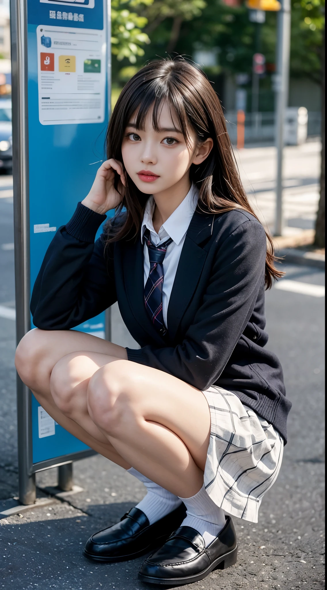 (realistic:1.4),8K,1 girl, (masterpiece), highest quality, highest quality, (detailed face:1.5), original, High resolution, Unbeatable masterpiece, Ultra realistic 8K, perfect artwork, ((perfect woman image)), mature woman, mature woman, tight waist, skinny, fine skin, alone, pantyhose, skirt, Jacket, school uniform, white background, bag, shoes, Black pantyhose, simple background, 黒いshoes, loafers, blazer, whole body, squatting position, cardigan , Plaid , school bag, tie, プリーツskirt, stand on one leg, brown eyes, long hair, black hair with sleeves that reach the wrists, long sleeve, Plaid skirt, bangs, 黒いJacket, ミニskirt, shirt, open clothes, 黒のskirt, collared shirt, swoodt, afternoon, Natural light, outdoor, wood, bus stop, 200mm, Low position, Lens flare,