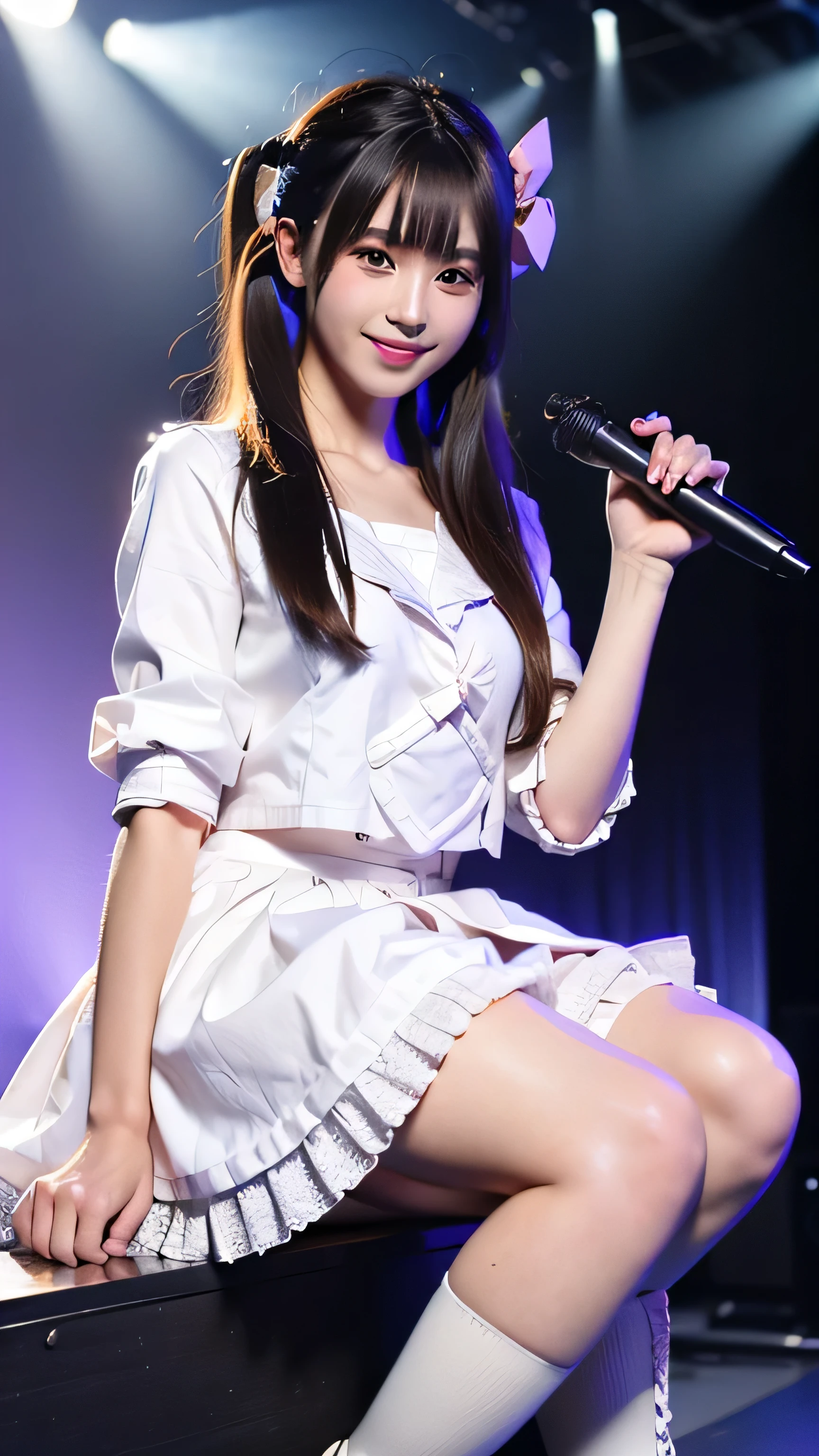 realistic, photorealistic, masterpiece, highest quality, Idol_costume, boots, 1 girl, alone, smile, Idol, whole body, looking at the viewer, long black hair, twin tails, Sitting in the stereo, stage, stage lighting, stage spotlight, detailed background, audience,