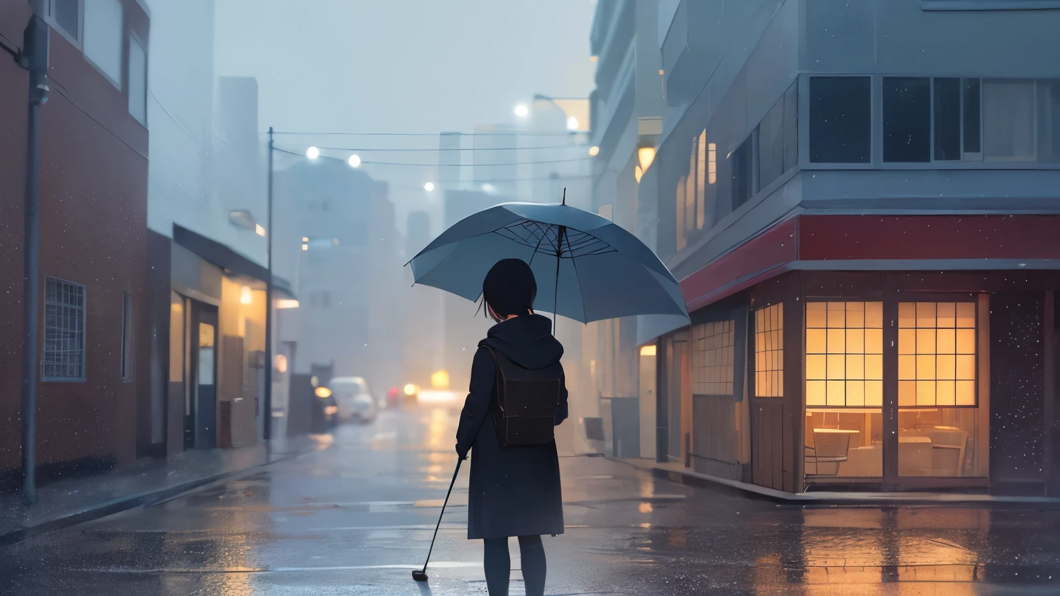 rainy sky, heavy rain、The background is the building street outside、raindrops、person holding an umbrella