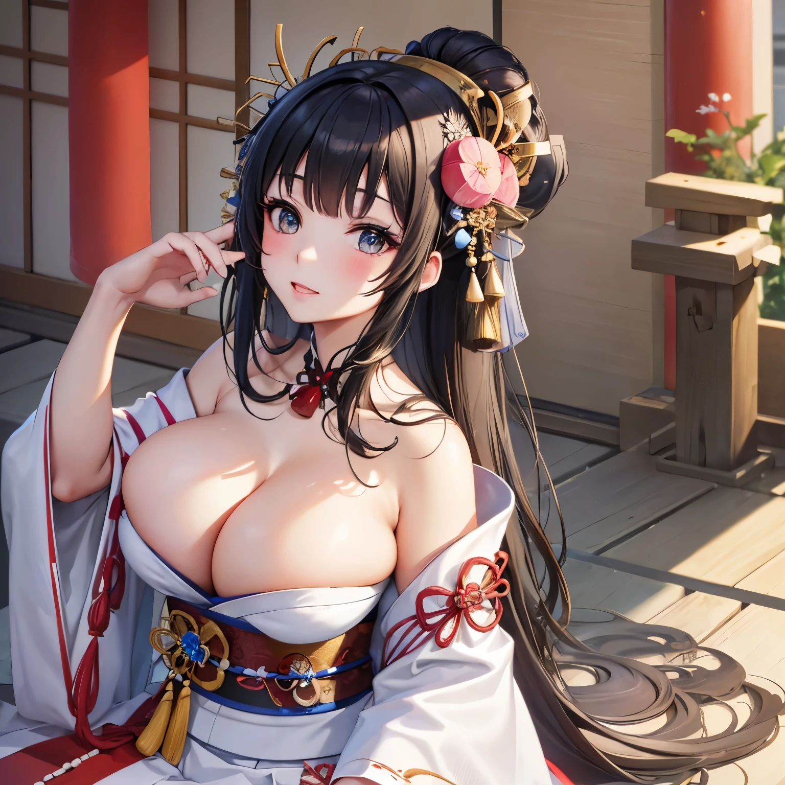 Absurd resolution, high resolution, (masterpiece: 1.4), hyper-detail, woman with gigantic tits, wearing a traditional Japanese wedding dress, has jewelry in her hair and her hair tied back, is wearing a kimono, is a high rank. Traditional Japanese make up 